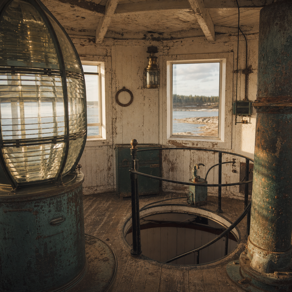 Weathered lighthouse beacon interior showing peeling paint, timber framing, and circular stair opening