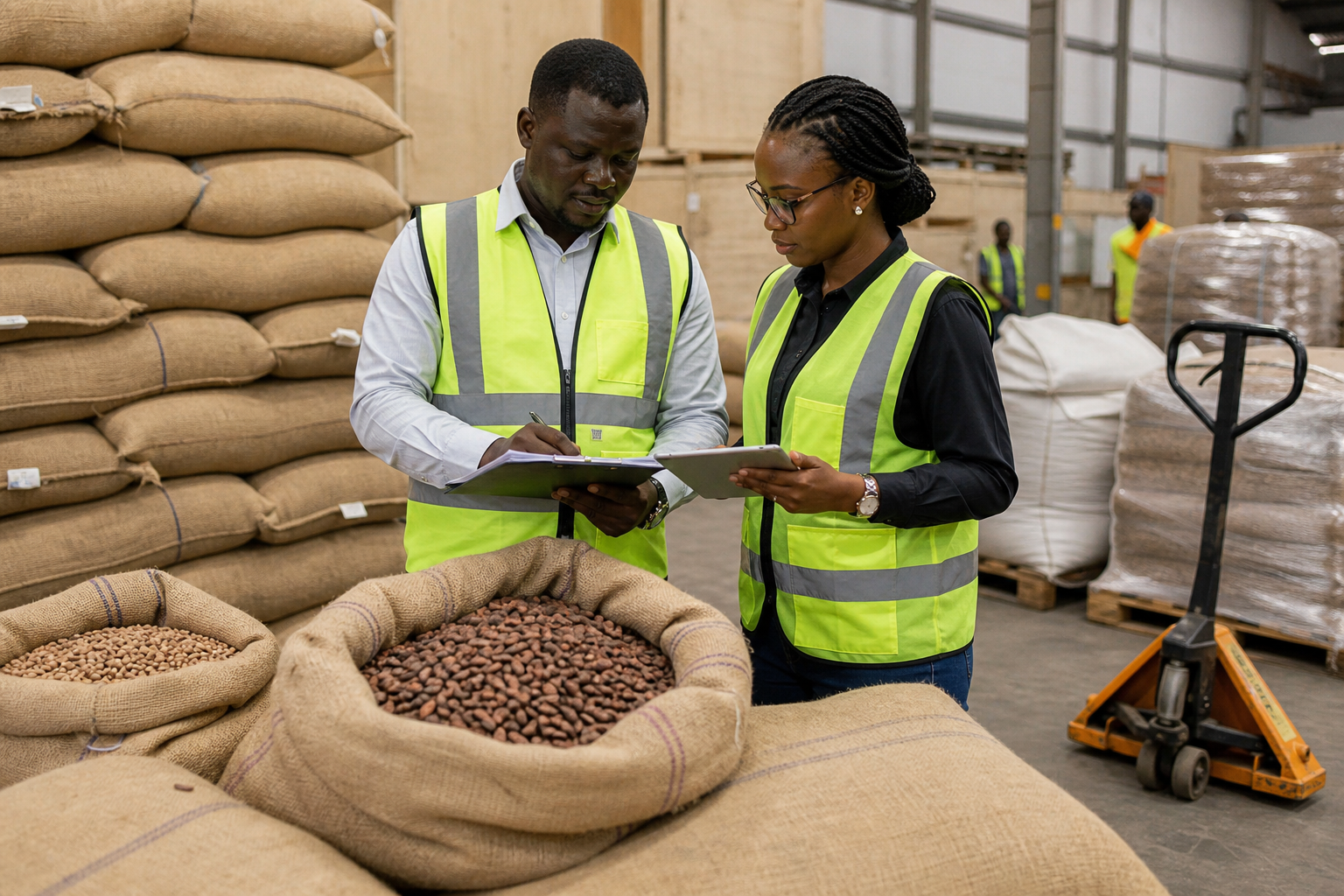 Commodity sourcing activity at an African warehouse with bagged agricultural product inspection and shipment preparation
