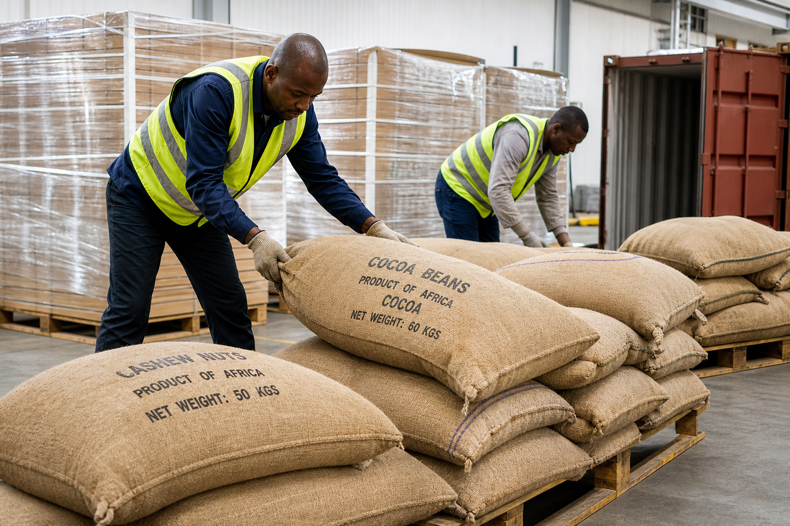 Workers handling bagged agricultural commodities at a clean export warehouse loading zone