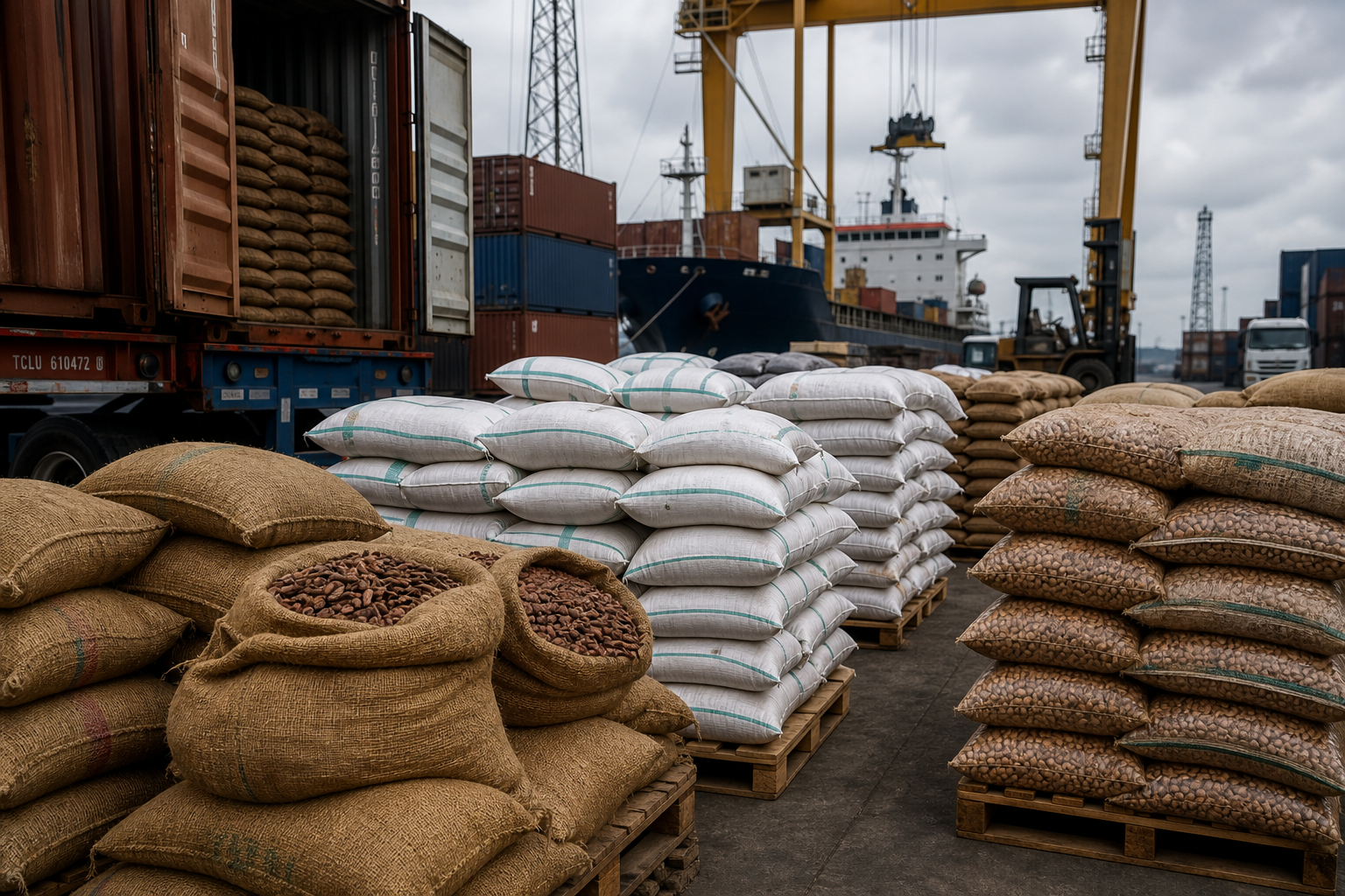 High-quality commercial scene of palletized commodity sacks and bulk cargo handling at a modern seaport with cranes and freight containers, conveying international trade logistics