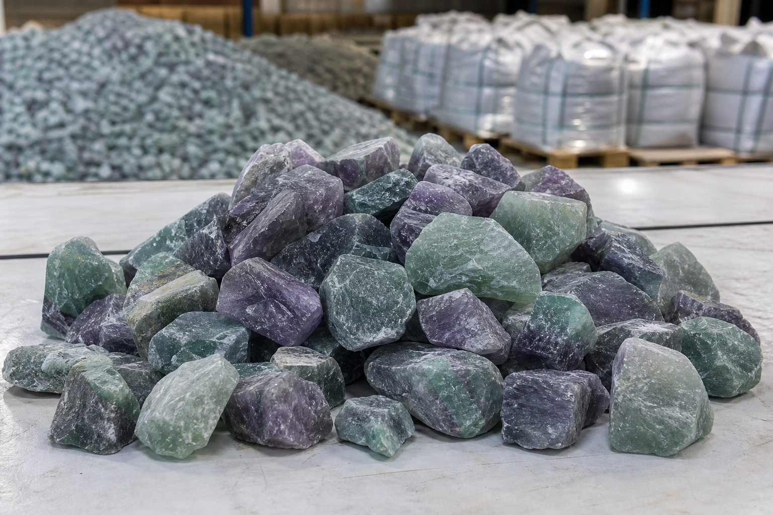 Industrial mineral material scene with fluorspar rock pieces on a clean inspection surface in warehouse lighting