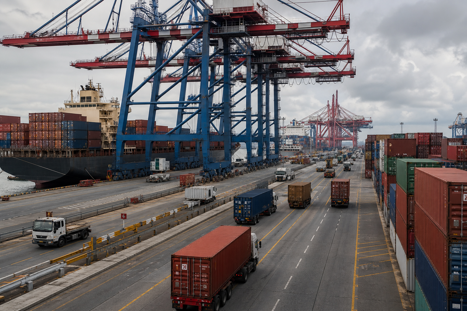 Container terminal operations with cranes, stacked containers, and cargo trucks at a modern seaport