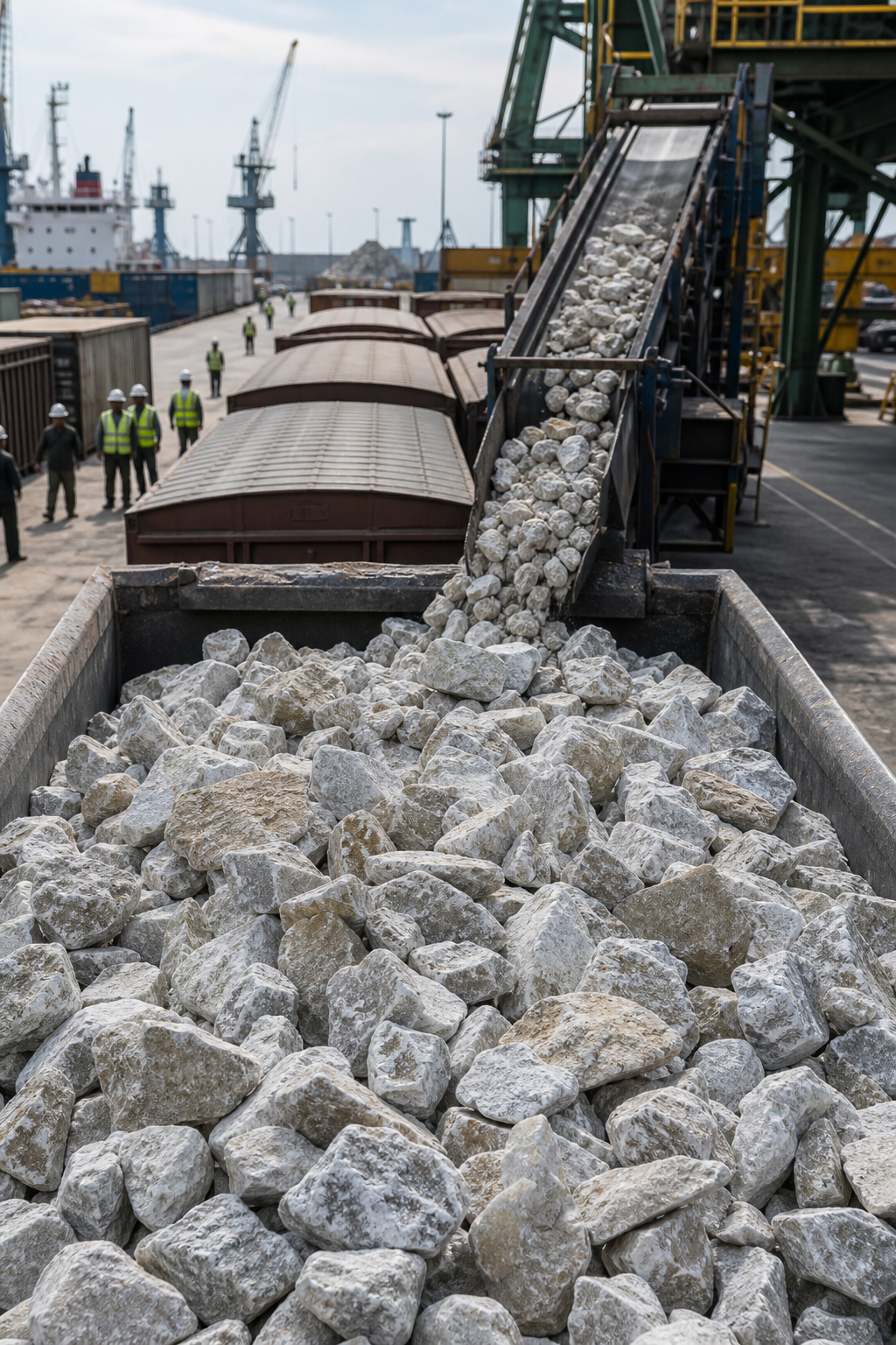 Bulk handling of fluorspar mineral material in an industrial port setting