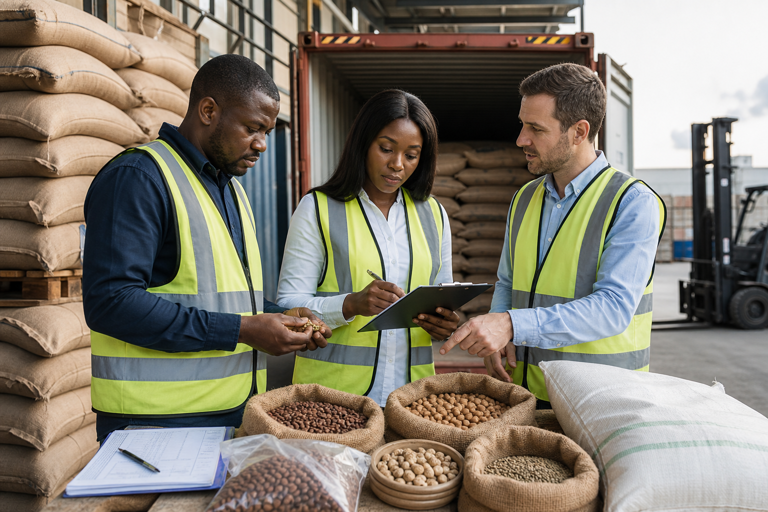 Commodity sourcing professionals reviewing agricultural sample quality and shipment paperwork at a trade logistics site