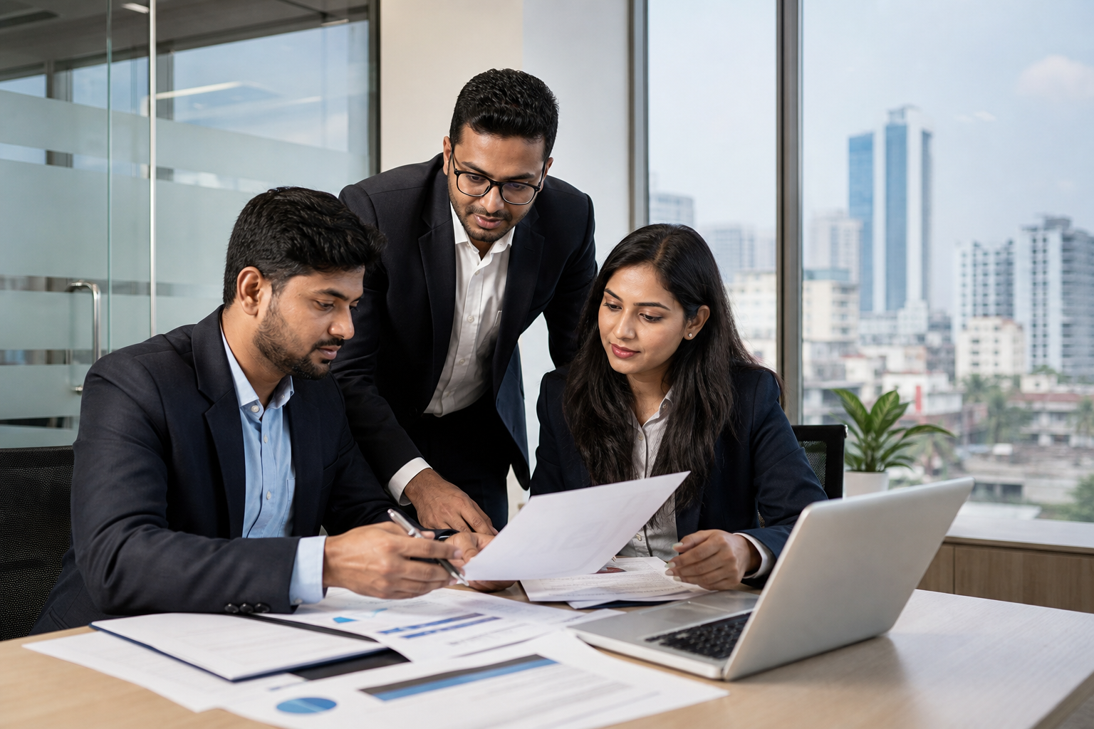 Professional MAS Corporation team reviewing tender documents in a modern Dhaka office