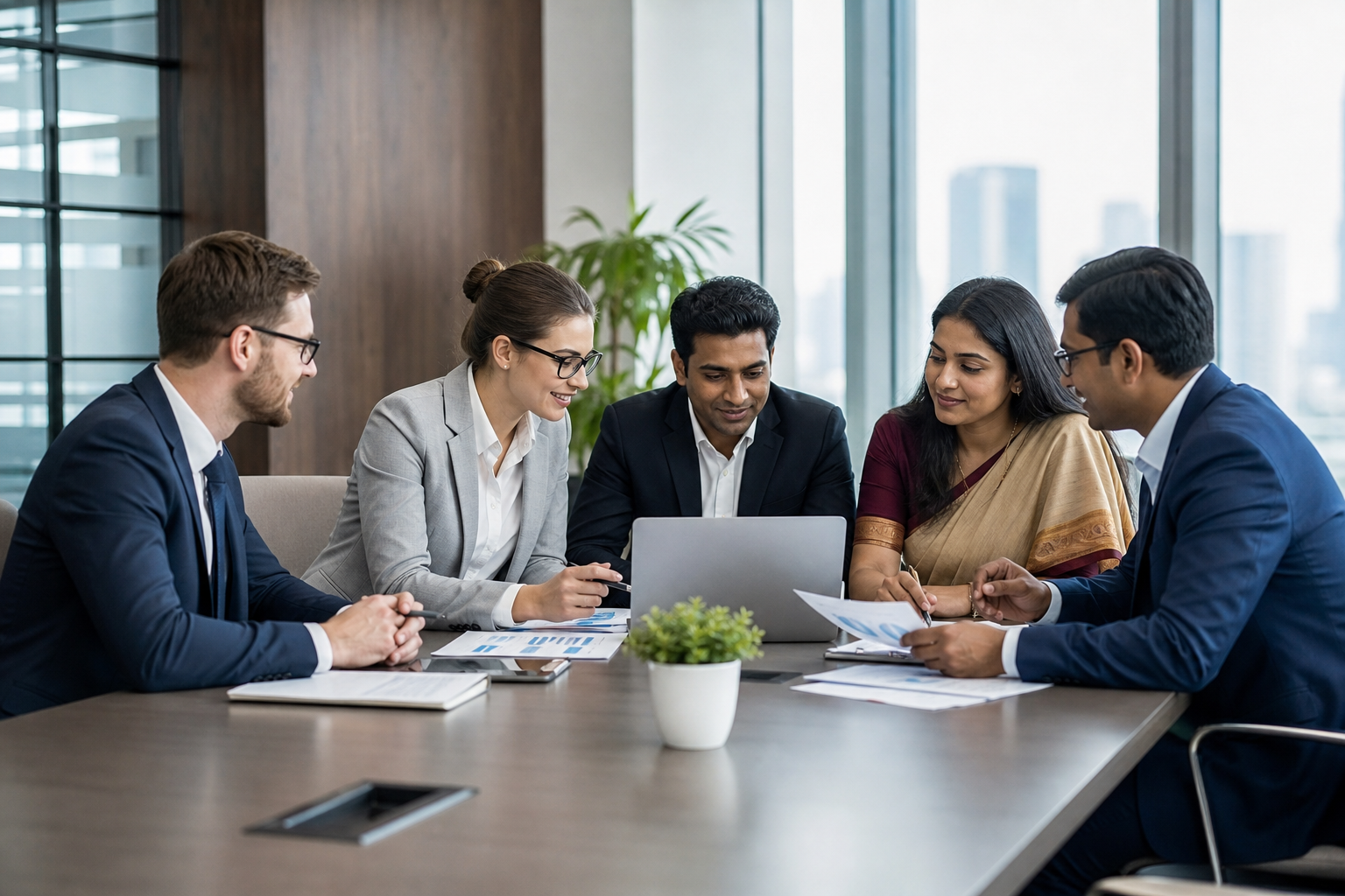 International business consultants meeting with Bangladeshi partners in a modern office
