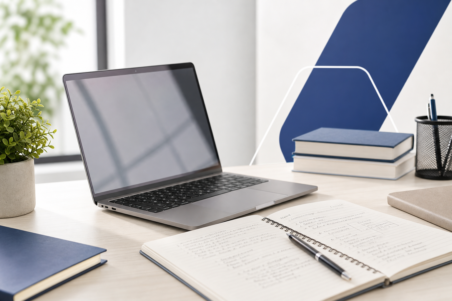 Modern academic workspace with laptop, notebooks, and abstract study shapes