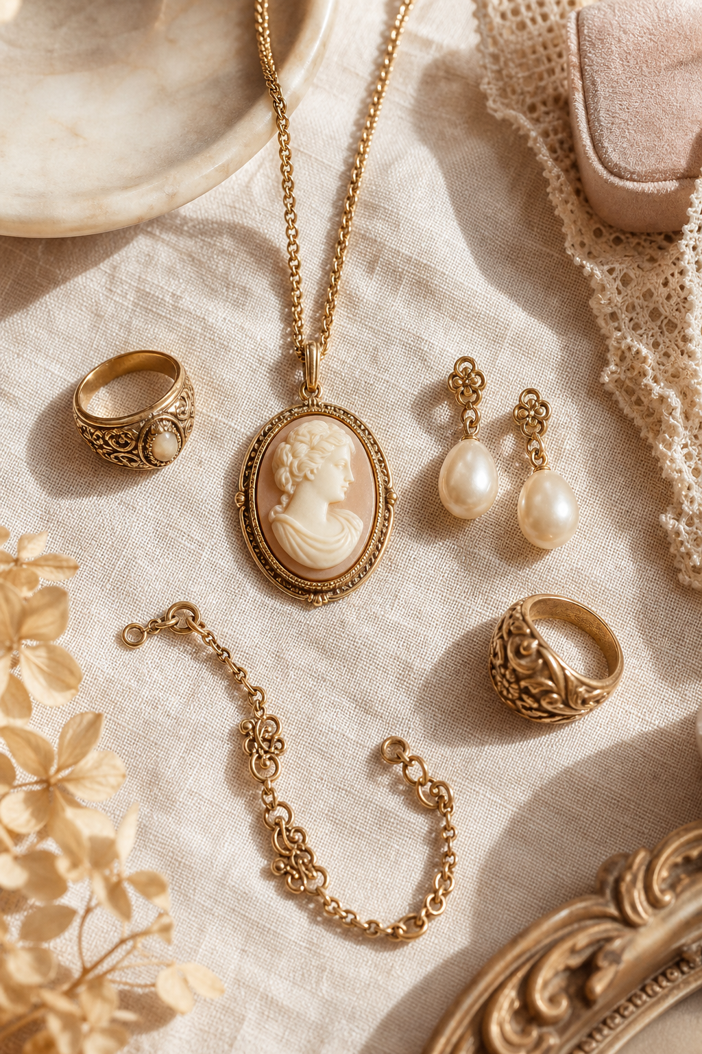 Styled composition of vintage jewelry pieces arranged on a soft boutique surface