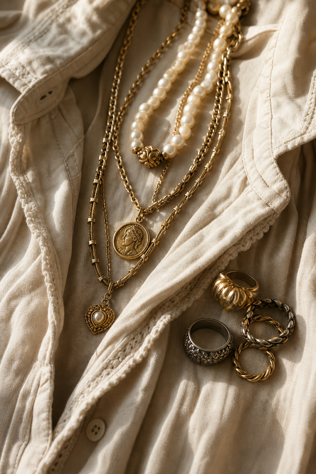 Close editorial detail of layered vintage necklaces and textured rings styled on neutral fabric