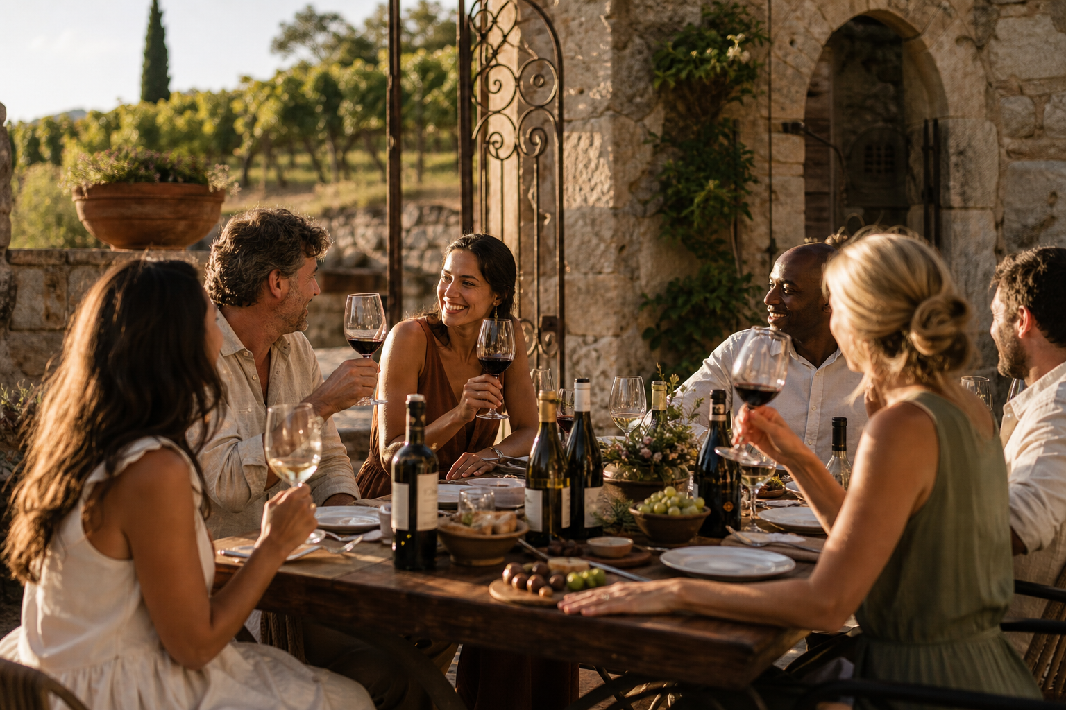 Warm candid tasting moment at a long stone table where guests share conversation and wine in an old vineyard courtyard