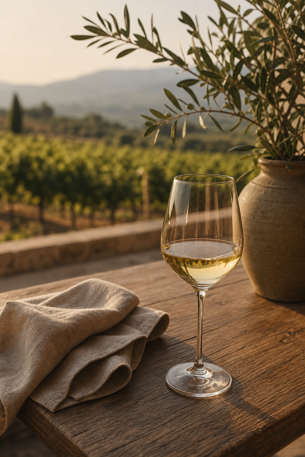 Quiet reflective table detail with a wine glass, linen texture, and soft vineyard light