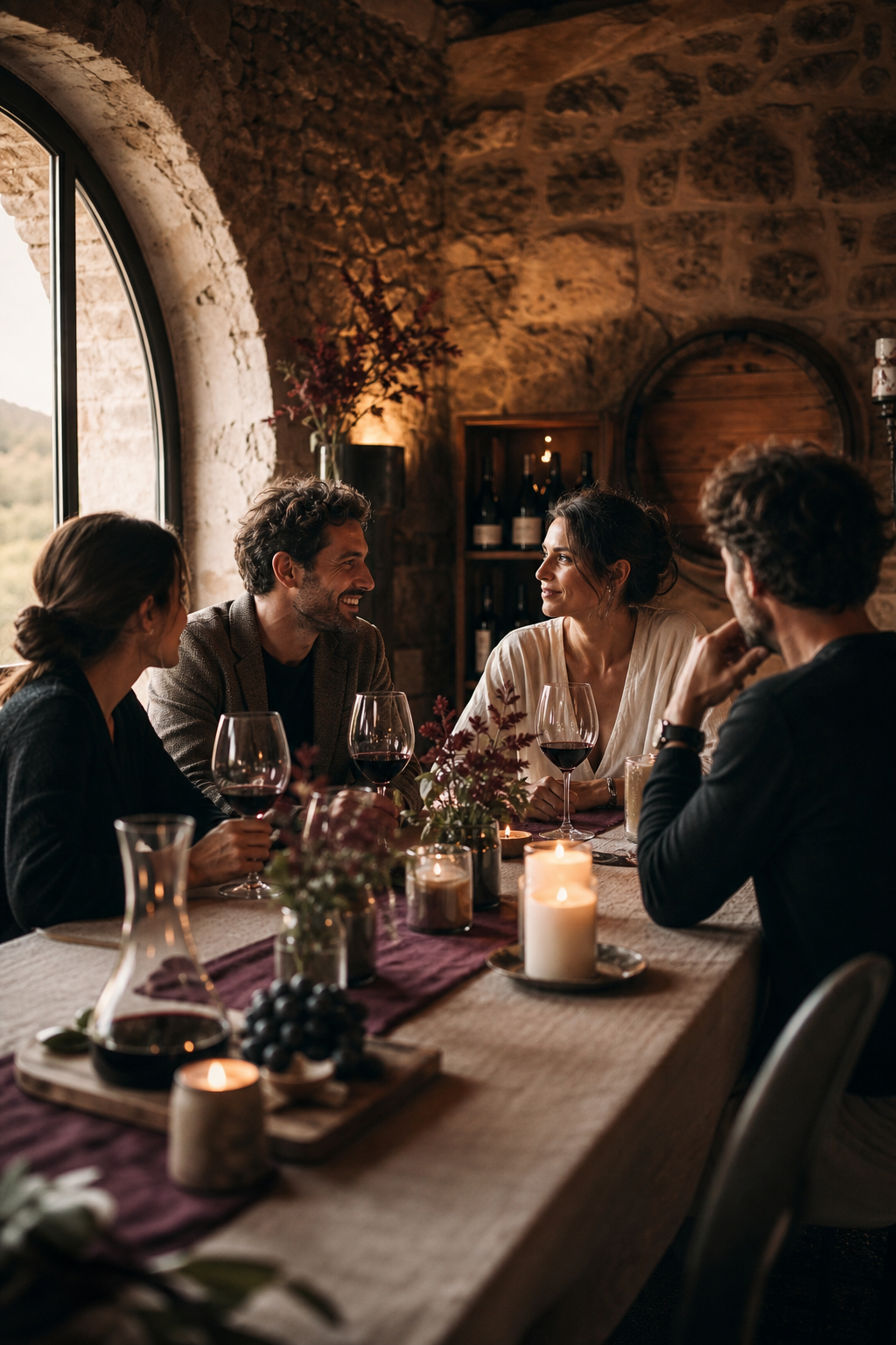 Warm candlelit tasting table in a stone winery room with guests sharing conversation and local wine