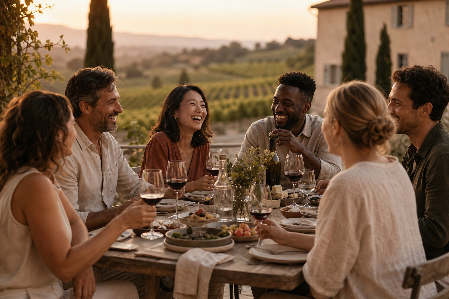 A candid shared-table moment with people laughing softly over wine and seasonal dishes, warm evening light, and a welcoming intimate atmosphere