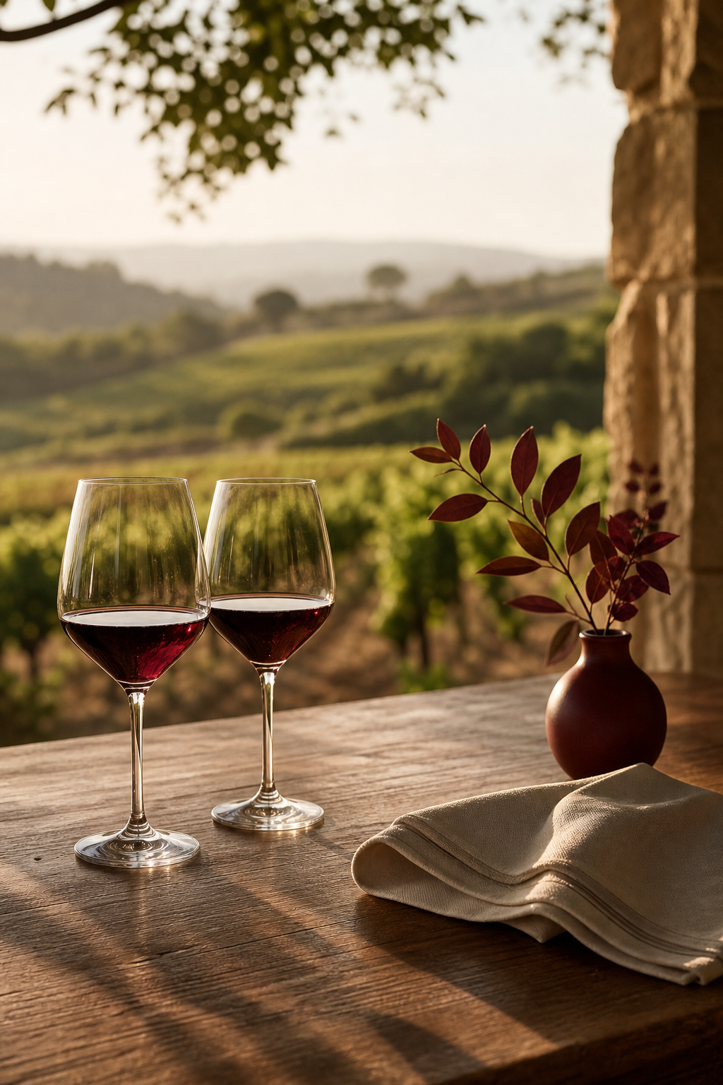 Sunlit wooden table set with two wine glasses, a linen napkin, and soft vineyard greenery in the background