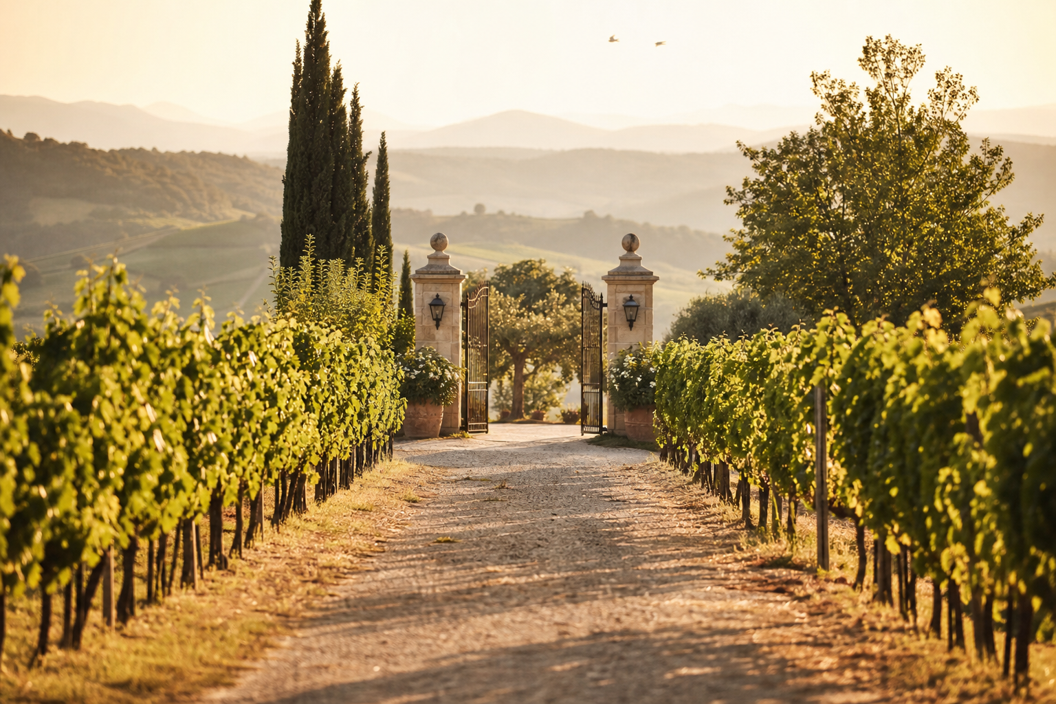 Sunlit vineyard path leading between vine rows toward an open stone gate, suggesting movement and discovery