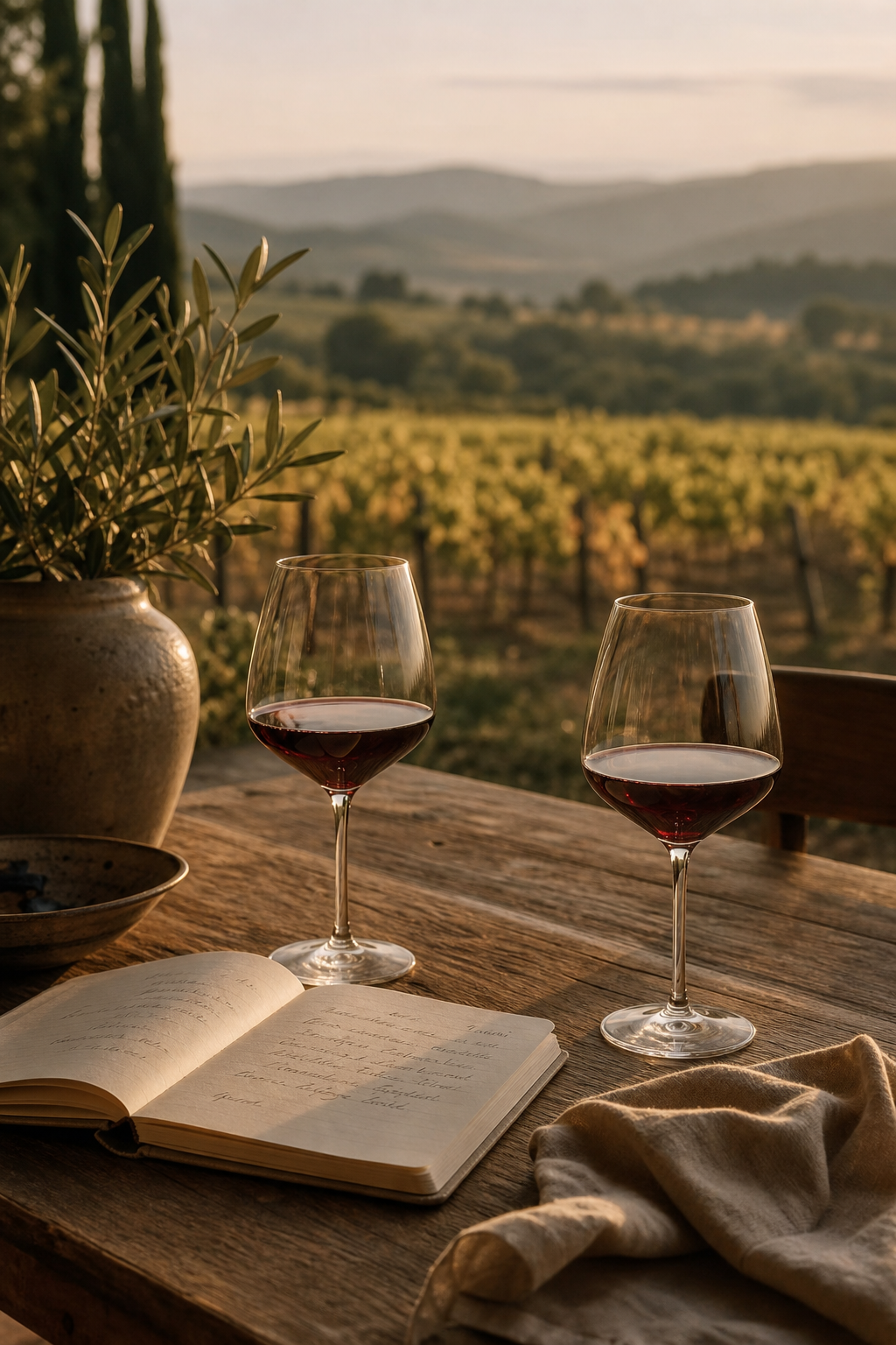 A quiet wooden tasting table with two half-filled wine glasses, a small notebook, and a vineyard landscape in soft late-afternoon light