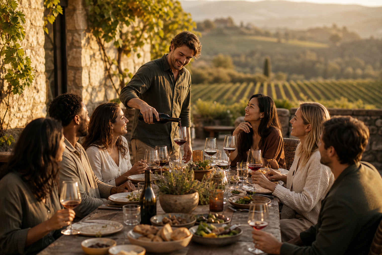 Guests and hosts gathered around a long stone table in a vineyard courtyard at golden hour, sharing wine, food, and stories