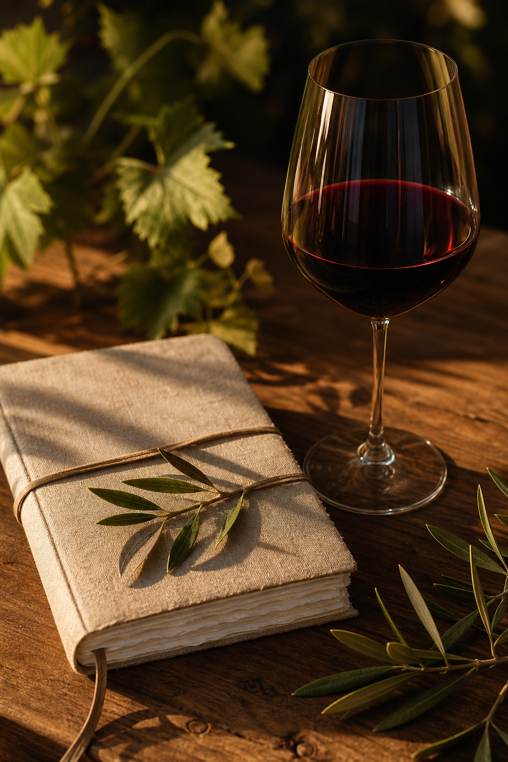 Close-up still life of a deep ruby wine glass beside a linen journal and vineyard leaves on a wooden table in warm evening light