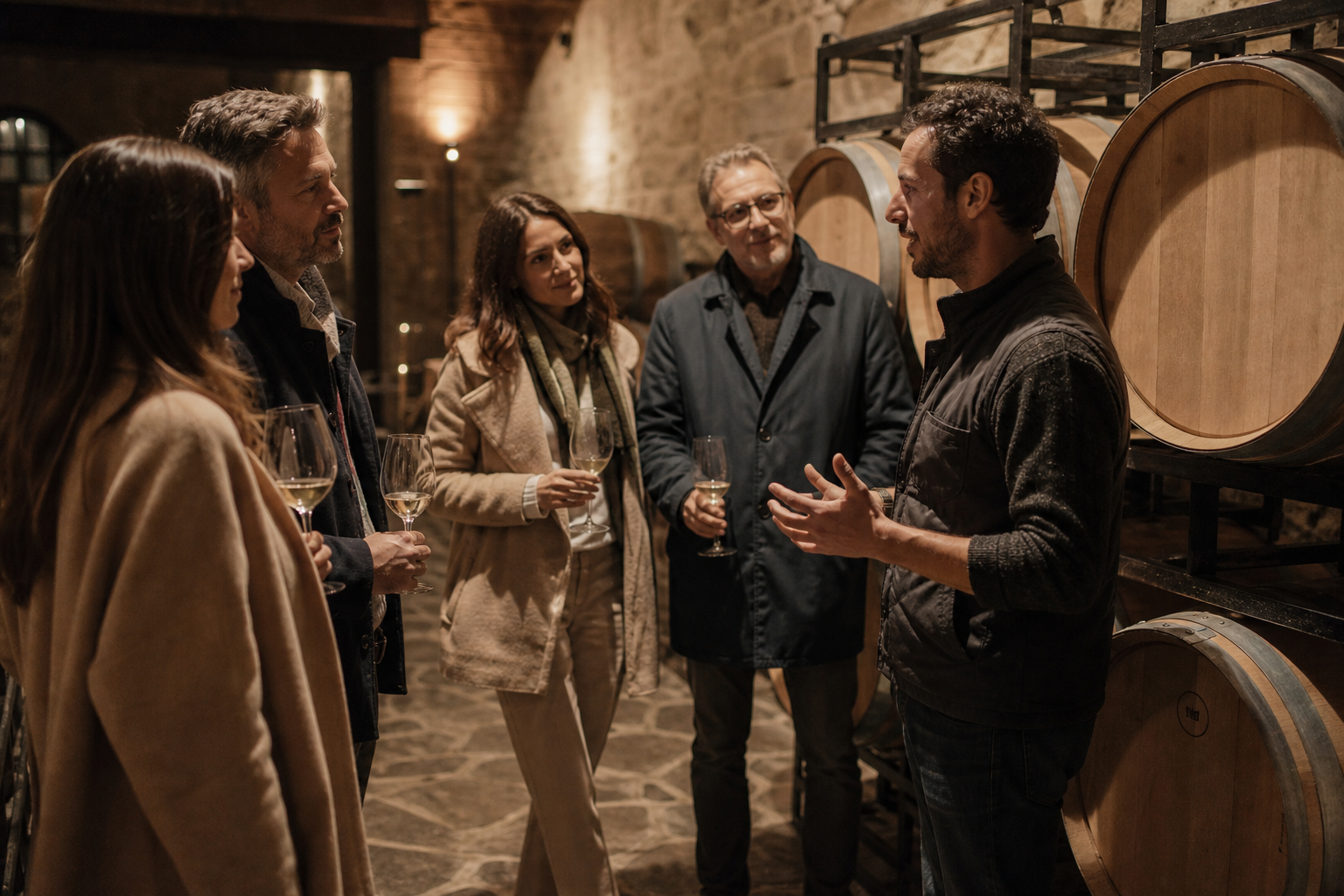 A vintner and small group in conversation inside a working cellar during a guided tasting