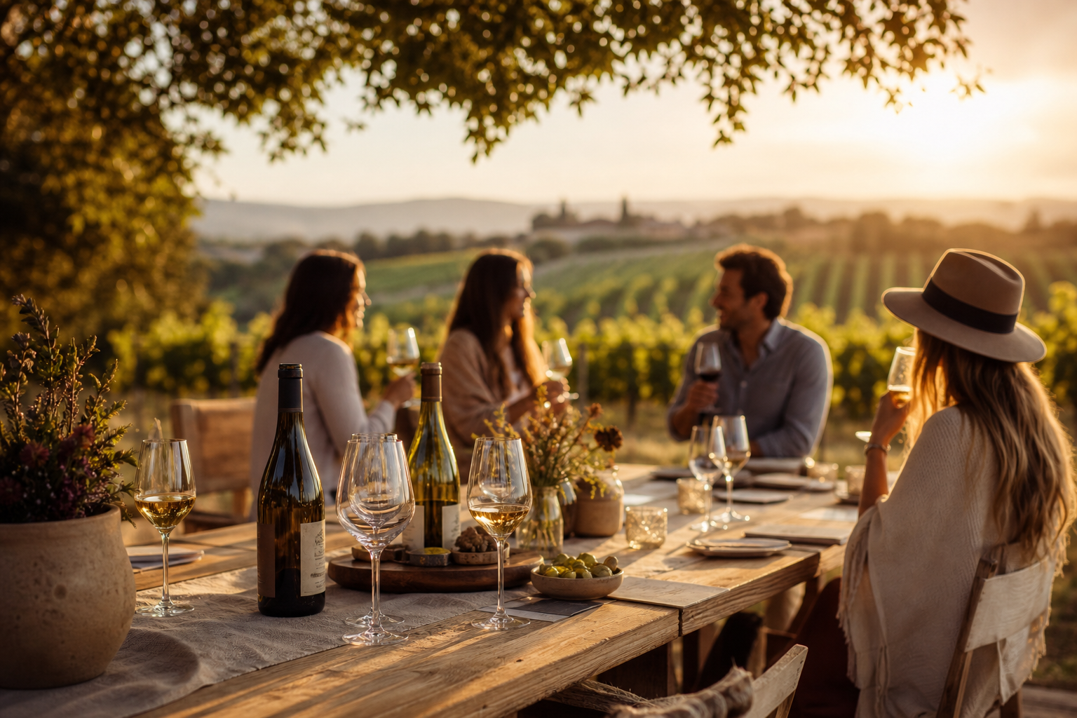 Golden-hour vineyard table set for an intimate mindful wine retreat with soft linens, glasses, and relaxed guests