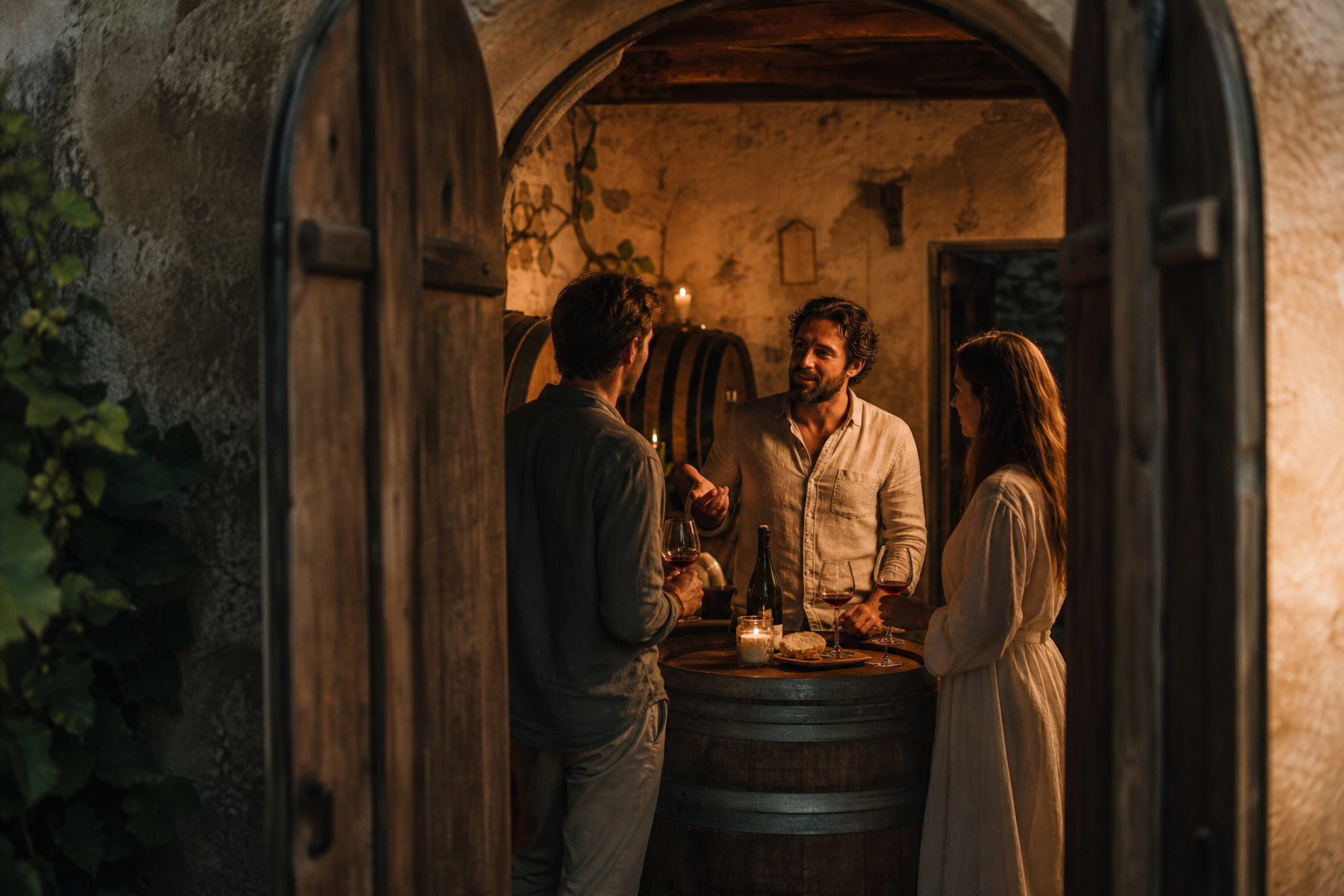 Aged oak cellar door opening to a small candlelit wine conversation with a local host and two guests