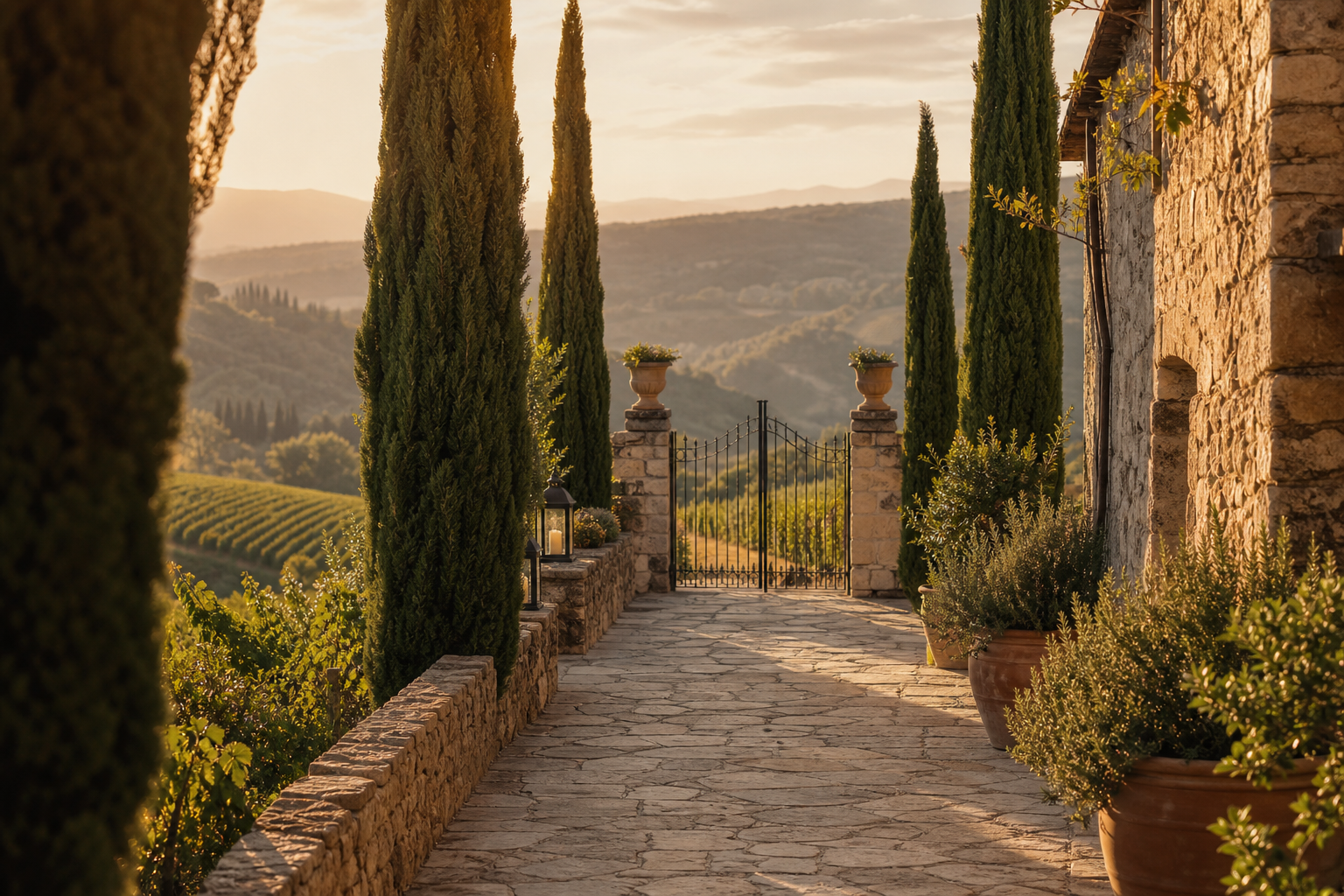 Old European vineyard stone walkway lined with cypress and iron gates under warm late-afternoon light