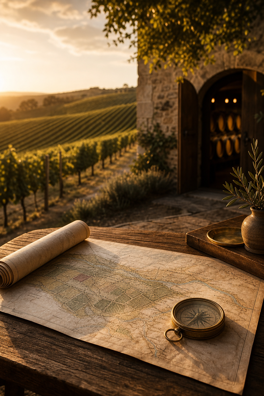 Warm editorial scene with vine rows, a subtle regional map texture, and intimate cellar details in oak and aged-brass tones