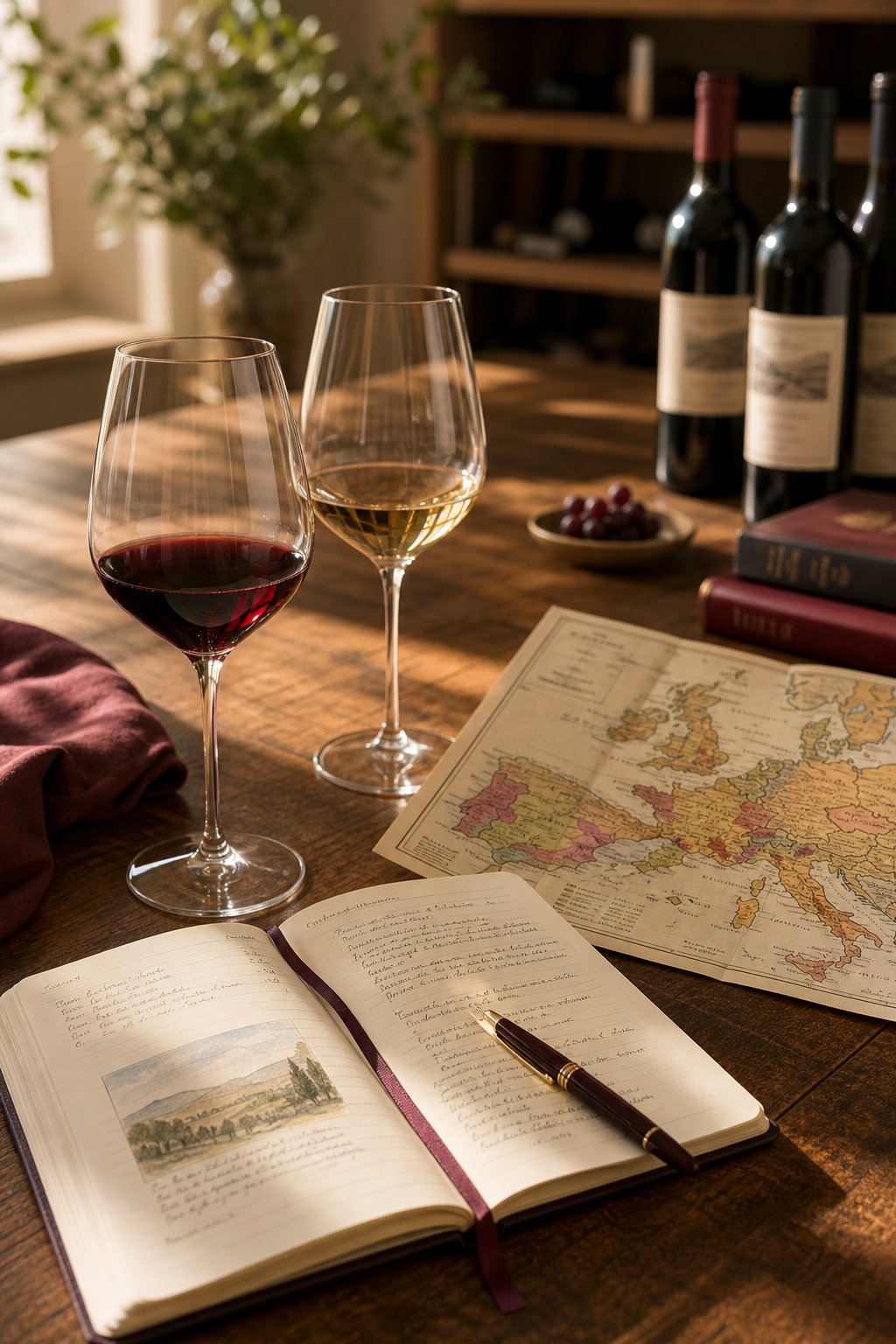 Sunlit tasting table with a map of European wine regions, two crystal glasses, and open study notes in a refined academy setting