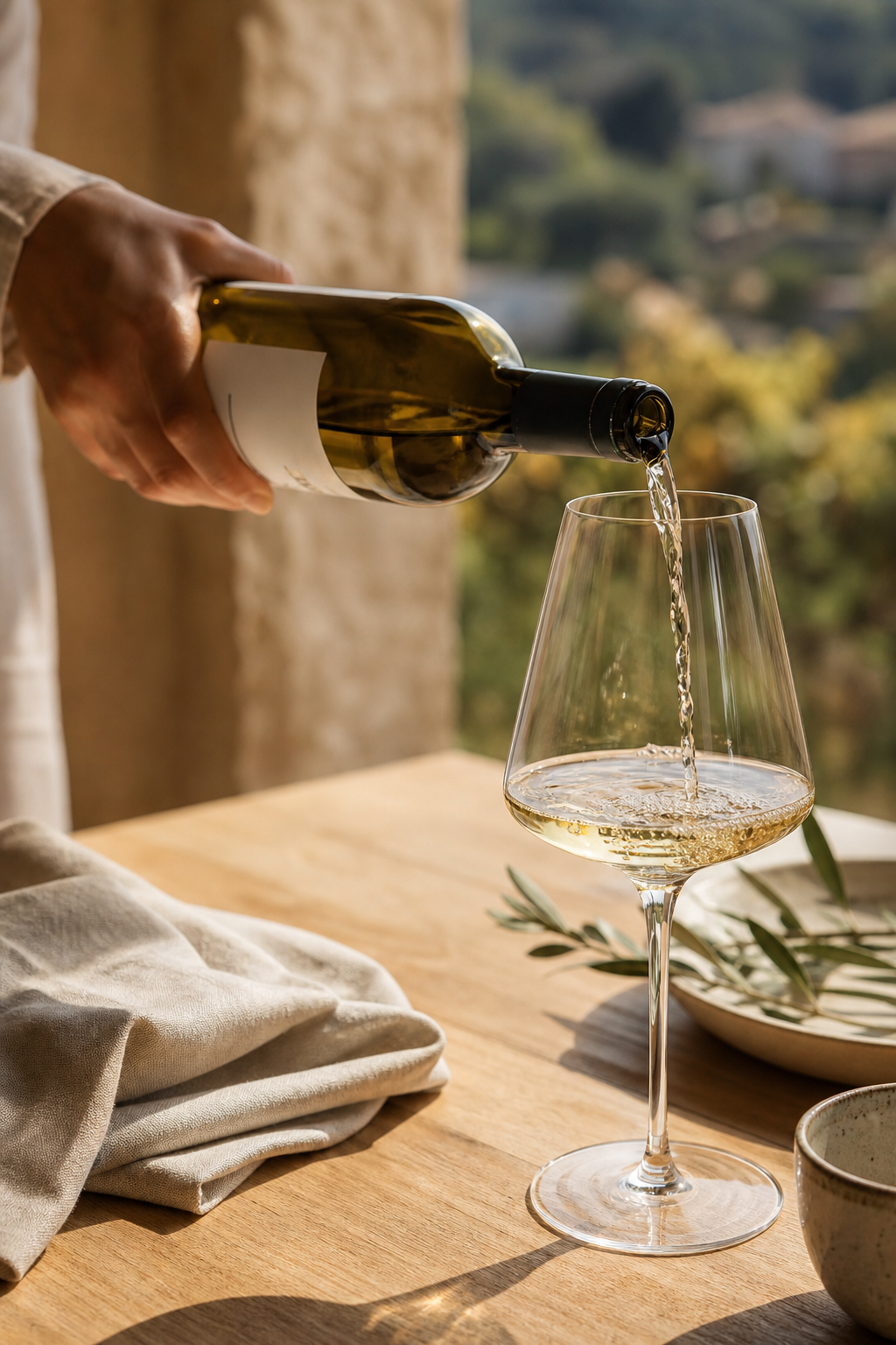 A warm, intimate wine tasting moment with a hand pouring white wine into a clear glass on a light oak table with soft natural light