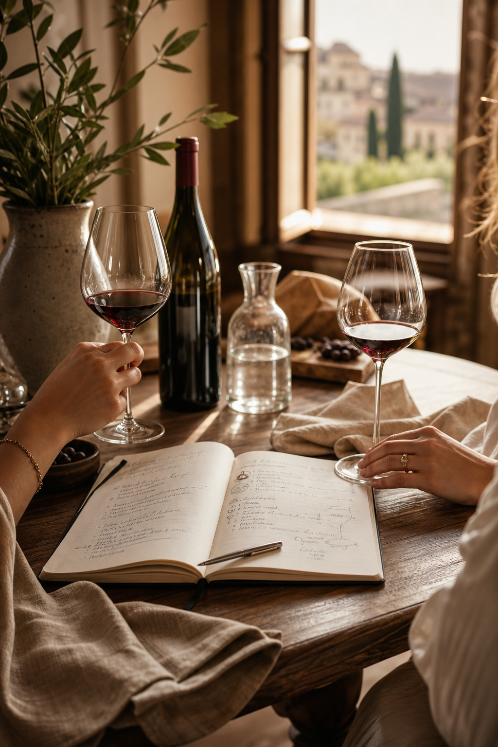 Warm European tasting table with wine glasses, tasting notes, and soft late-afternoon light