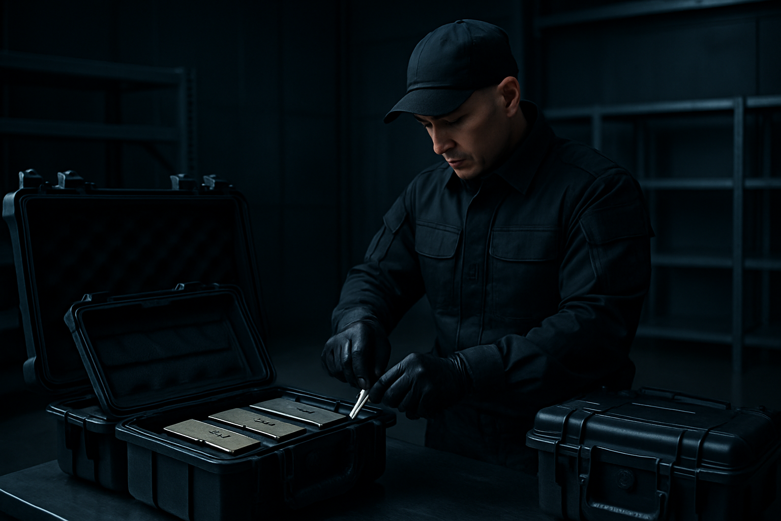 Secure data center technician sealing H100 GPUs in tamper-evident cases within a dark, professional logistics bay