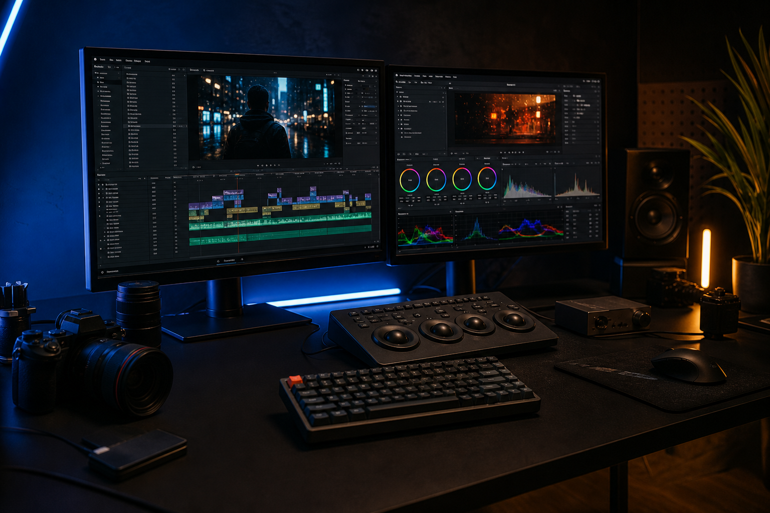 Cinematic editing workspace with dual monitors, timeline interface, moody studio lighting, and creator tools arranged in a bold, branded setup