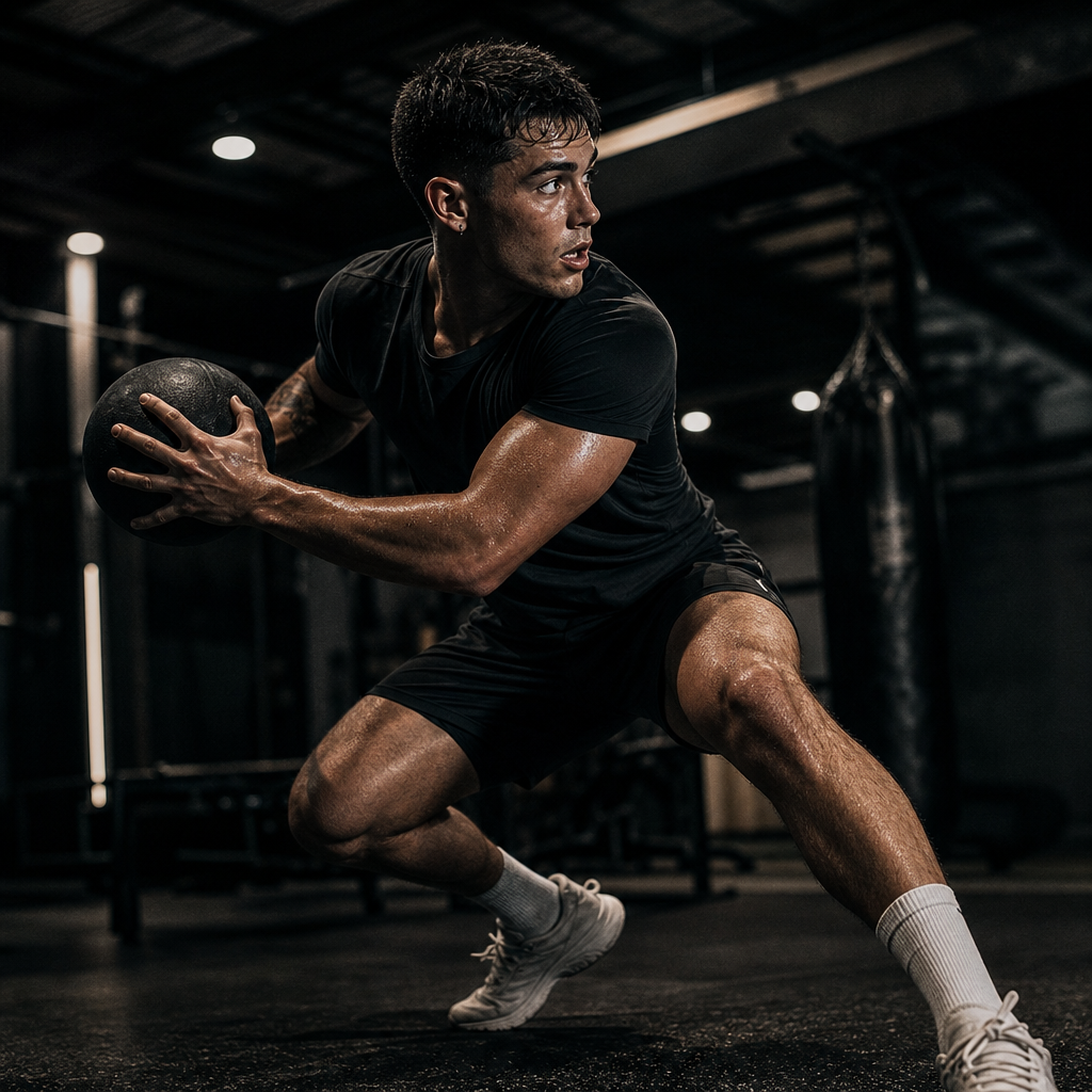 Athlete training still frame captured mid-movement with high shutter speed and moody gym lighting