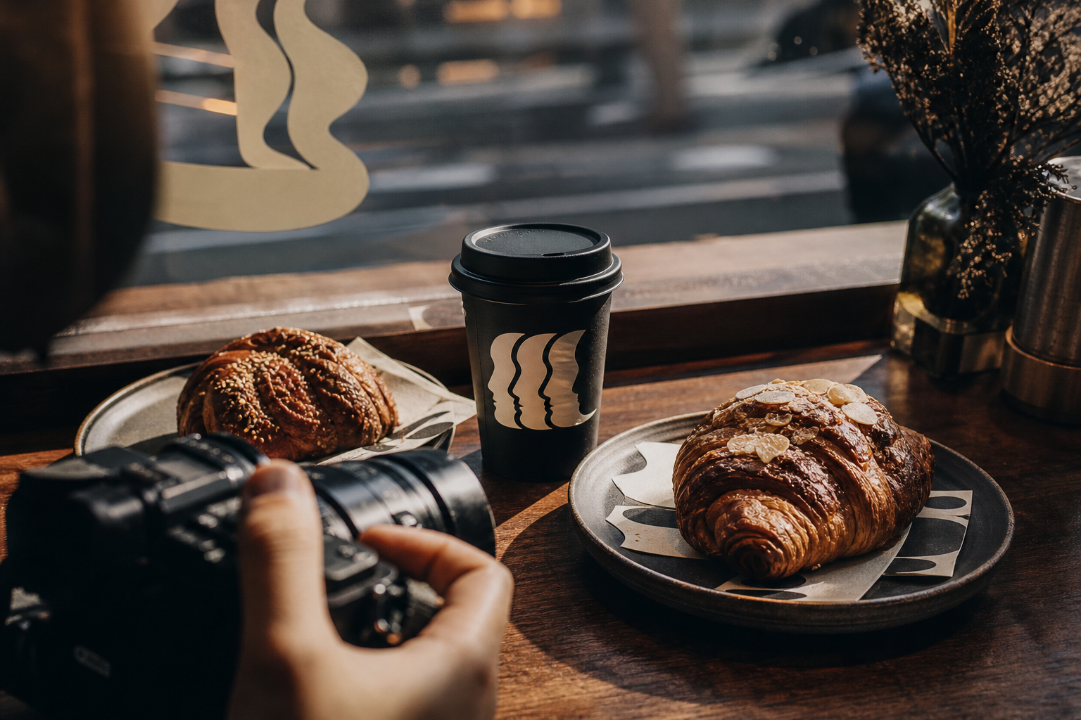 Branded cafe product scene on timber counter with warm morning light and shallow depth of field