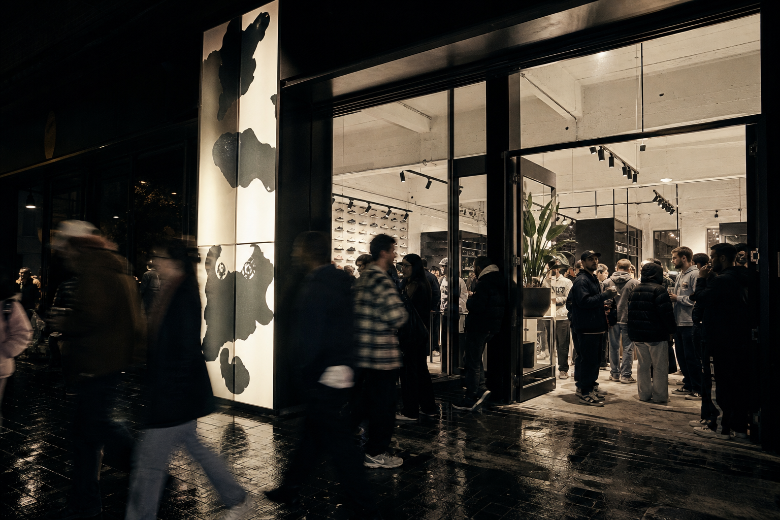 Night retail launch campaign shoot with motion blur from passing crowd and bold storefront lighting in Melbourne