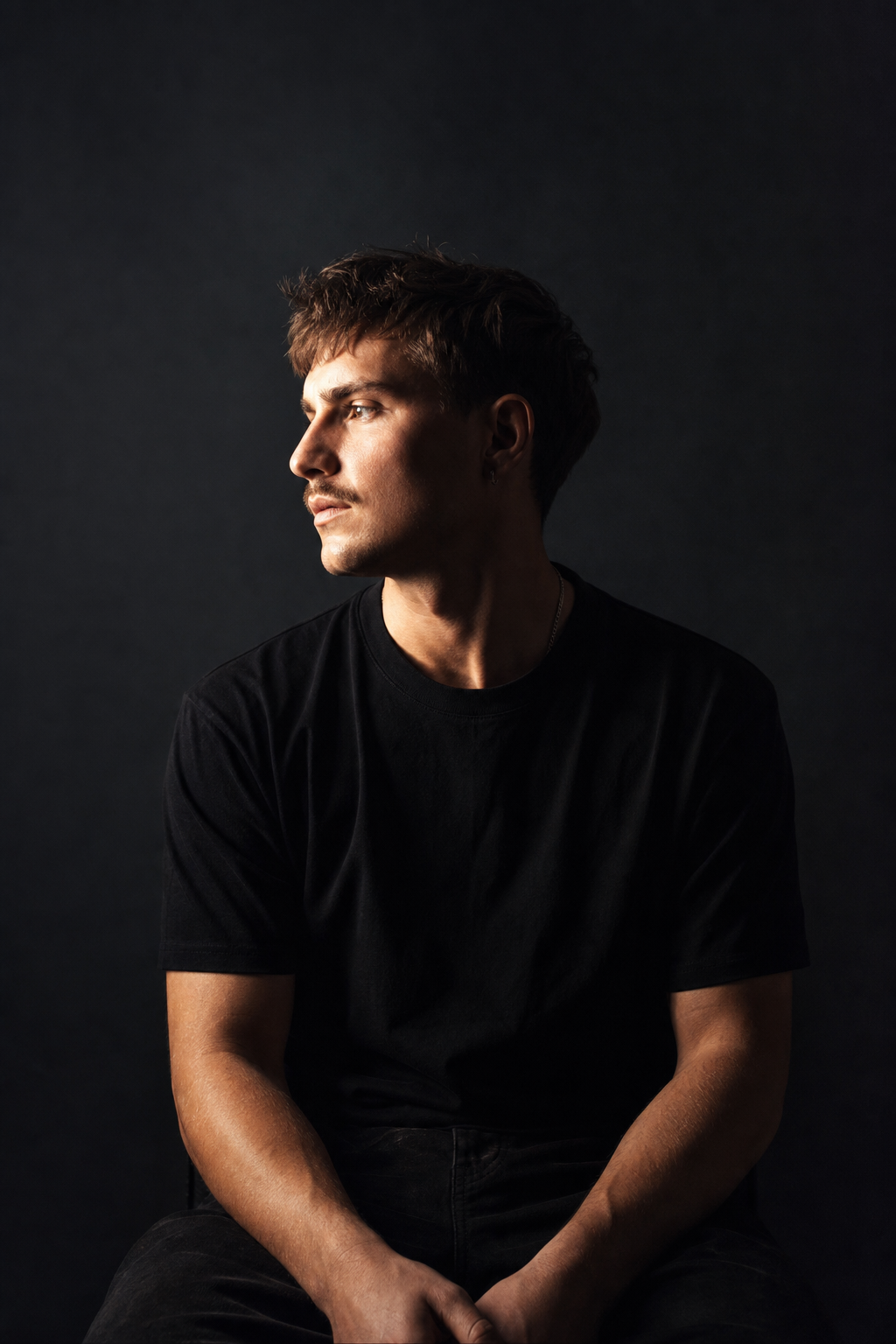 Studio portrait set with dramatic side light, matte backdrop, and crisp skin tone detail