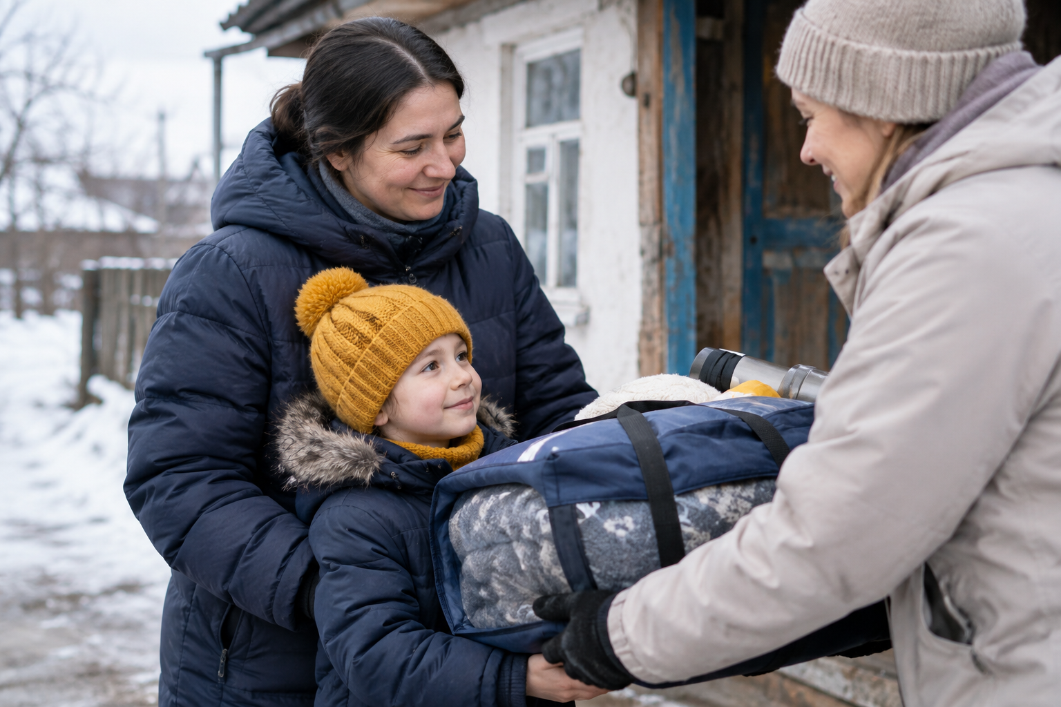 Volunteer handing a warm winter supply kit to a mother and child outside their home in Ukraine