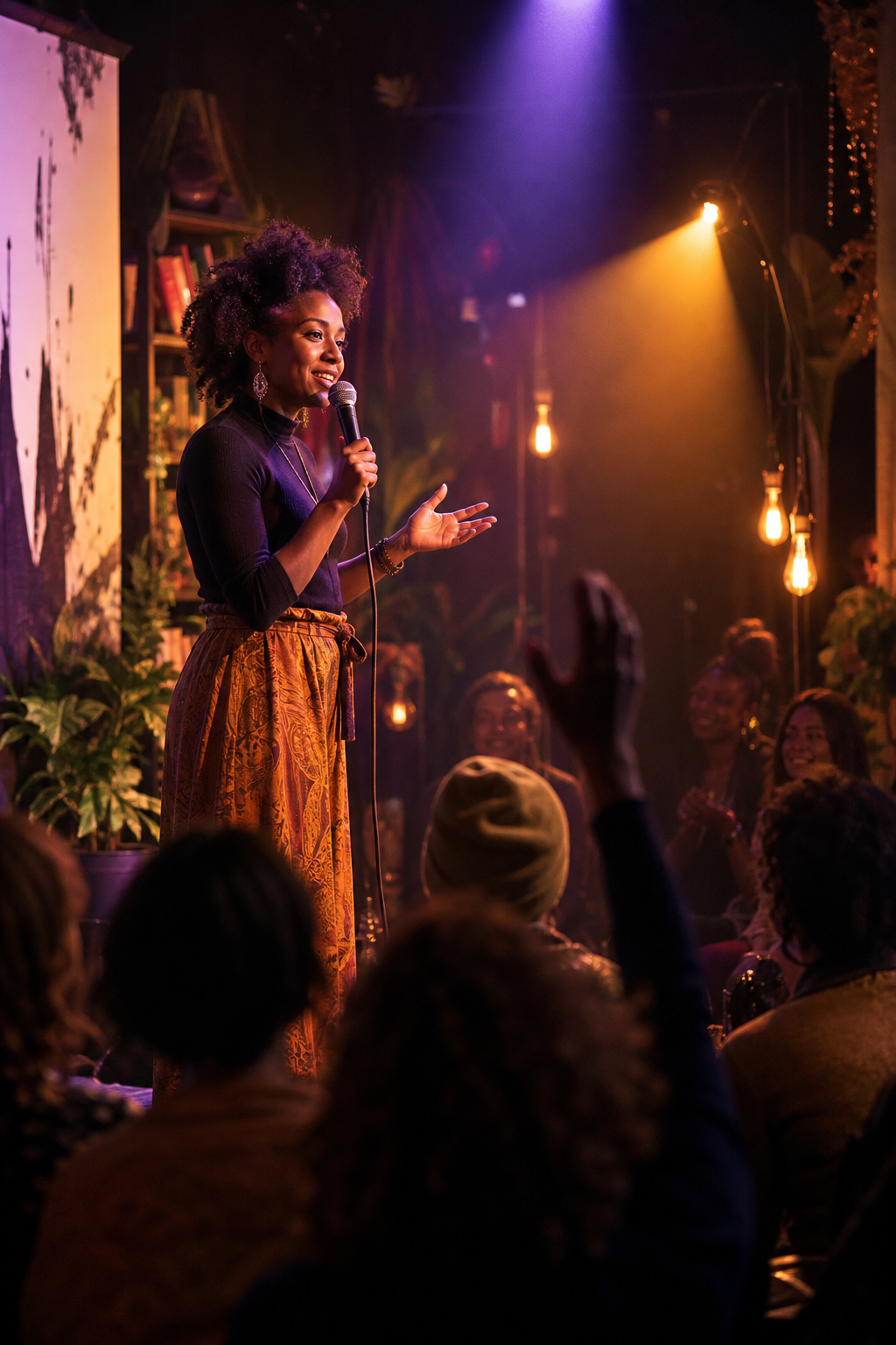 Live poetry host on stage under violet and amber lighting, addressing an engaged audience with raised hands in an intimate venue