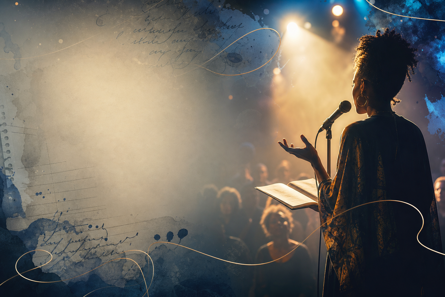 Immersive poetry performance atmosphere with notebook textures, glowing ink-like lines, and soft stage-light haze