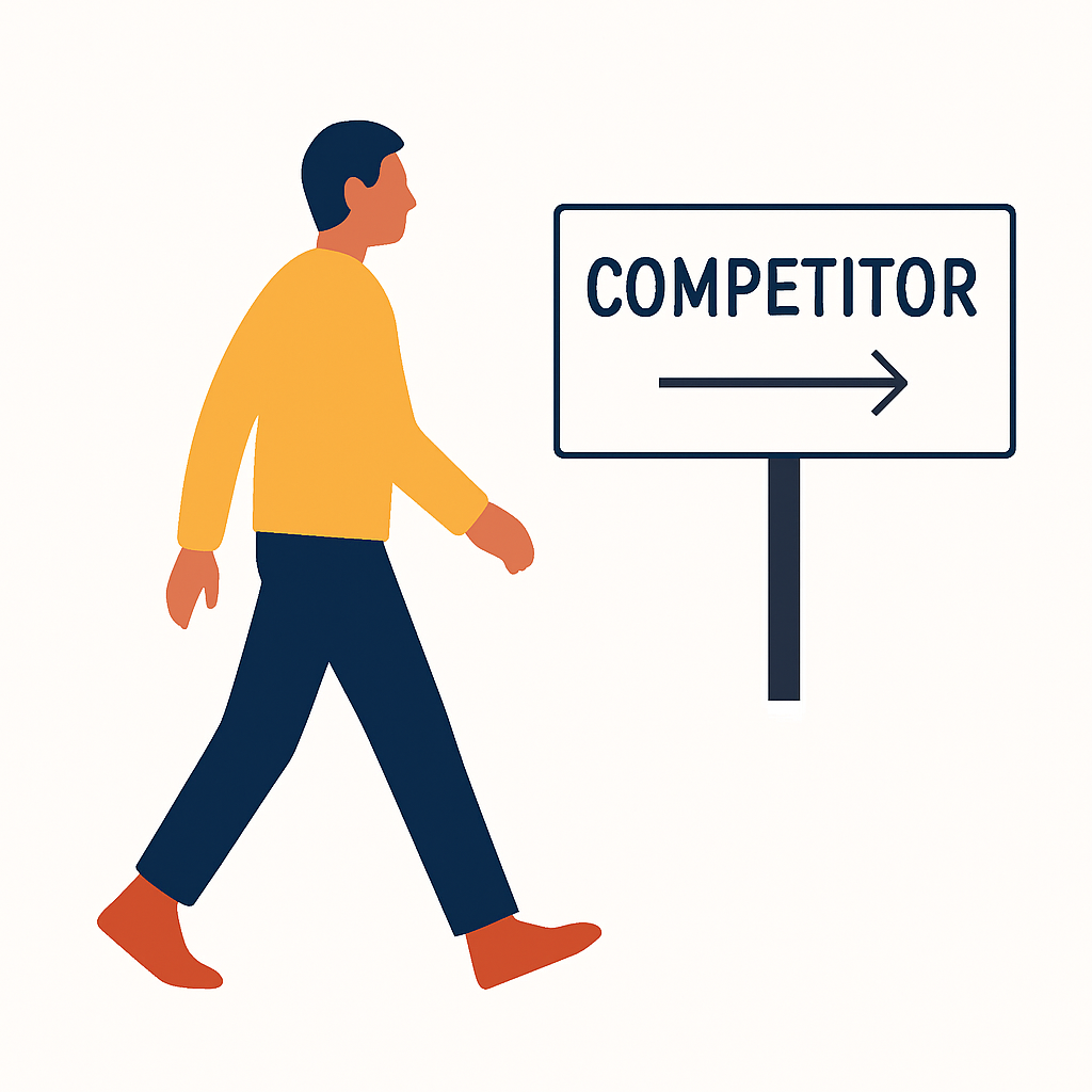 Contemporary editorial-style illustration of a minimal city corridor where a client silhouette walks past a luminous competitor storefront, clean geometry, restrained color palette, and refined depth cues for a luxury-modern feel.