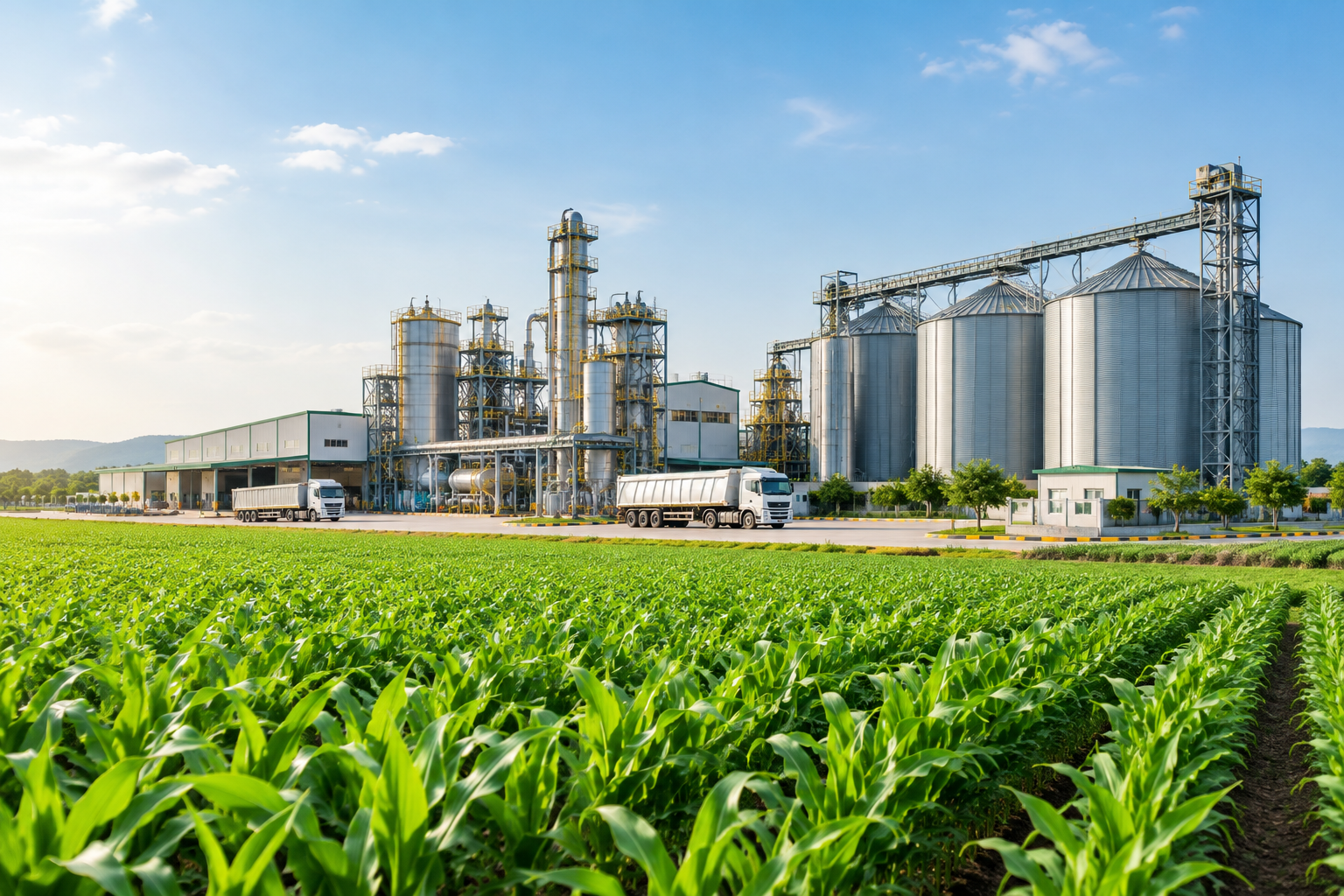 Wide view of green crop fields beside a modern fertilizer production plant with stainless processing equipment and bulk storage, under clear daylight