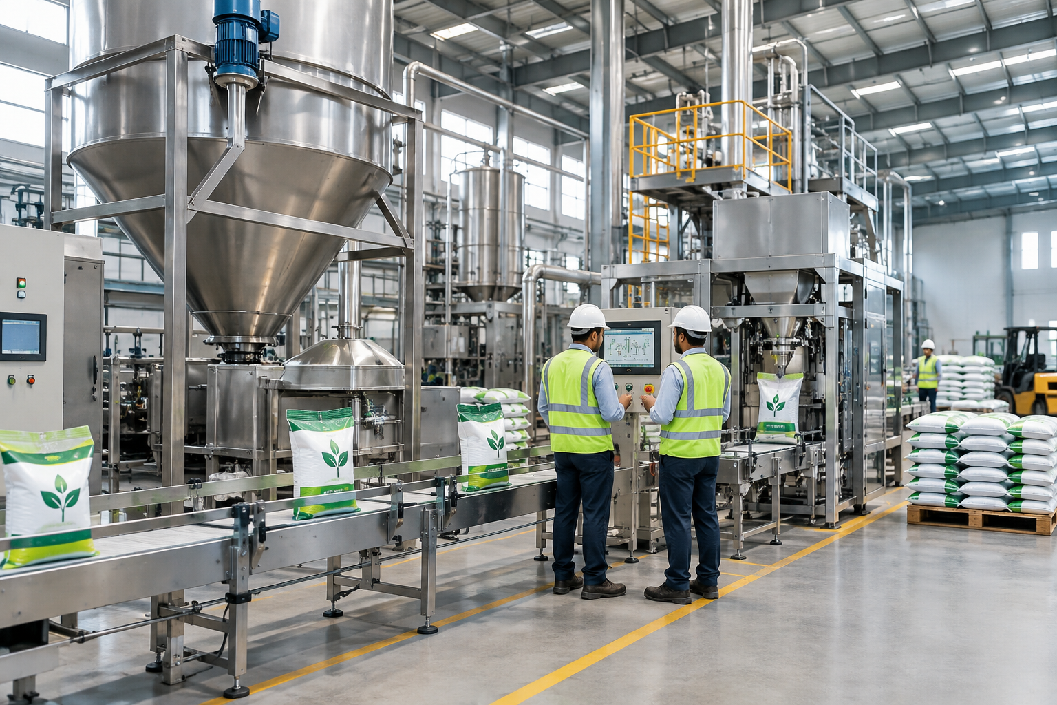 Polished industrial fertilizer production floor with technicians monitoring blending equipment and bagging lines in a clean agricultural manufacturing facility