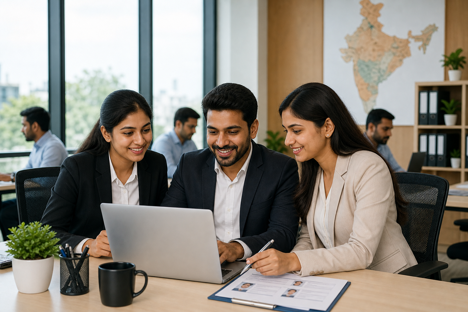 Professional Indian recruitment team in a modern Bengaluru office welcoming candidates