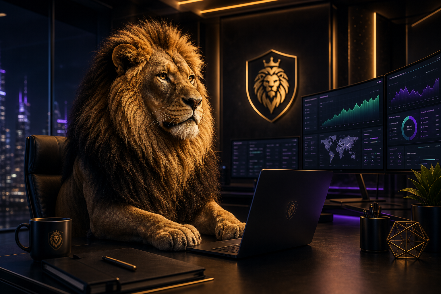 Lion team hero illustration with computer