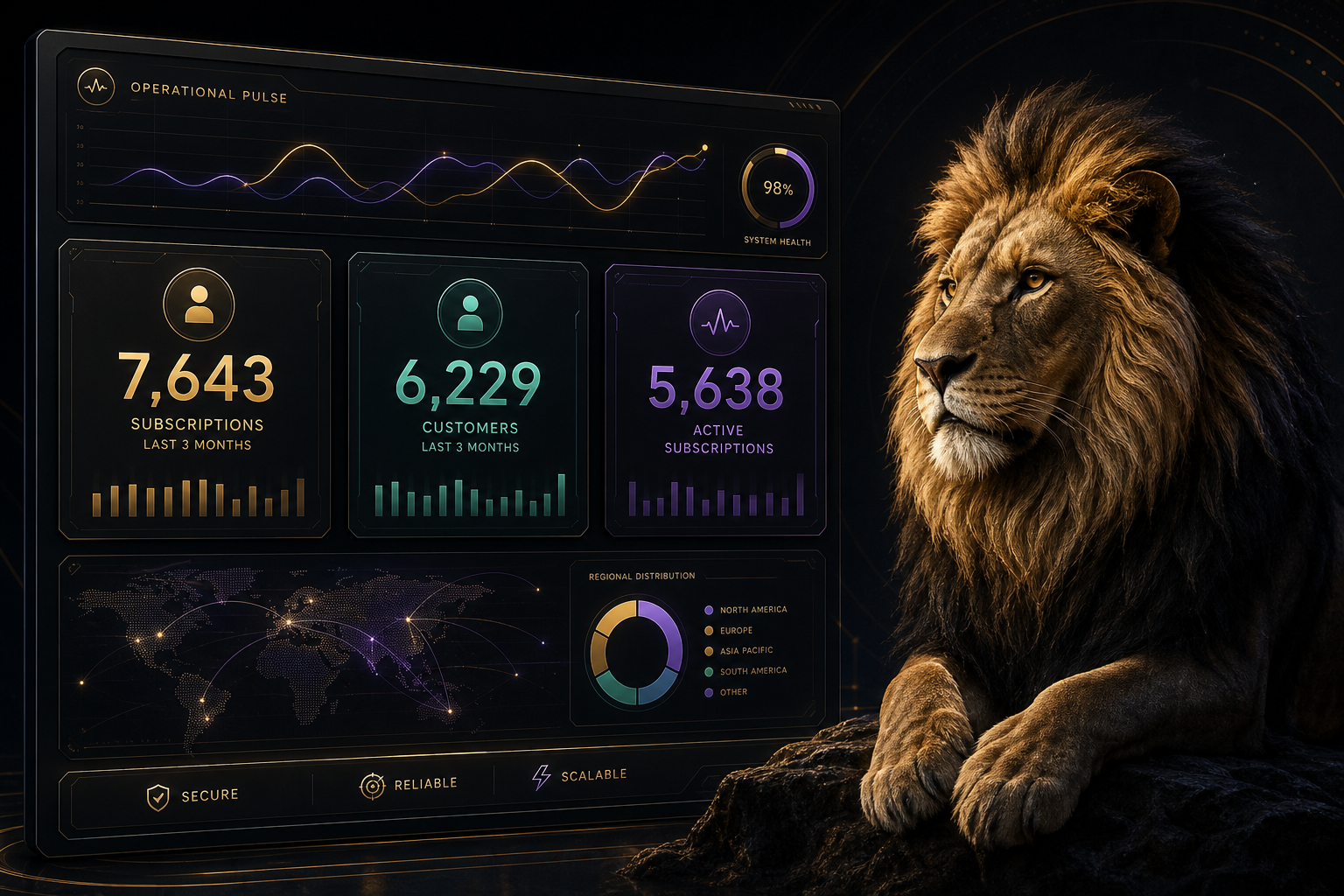 Luxury tech-styled lion key metrics illustration with a dark, futuristic interface
