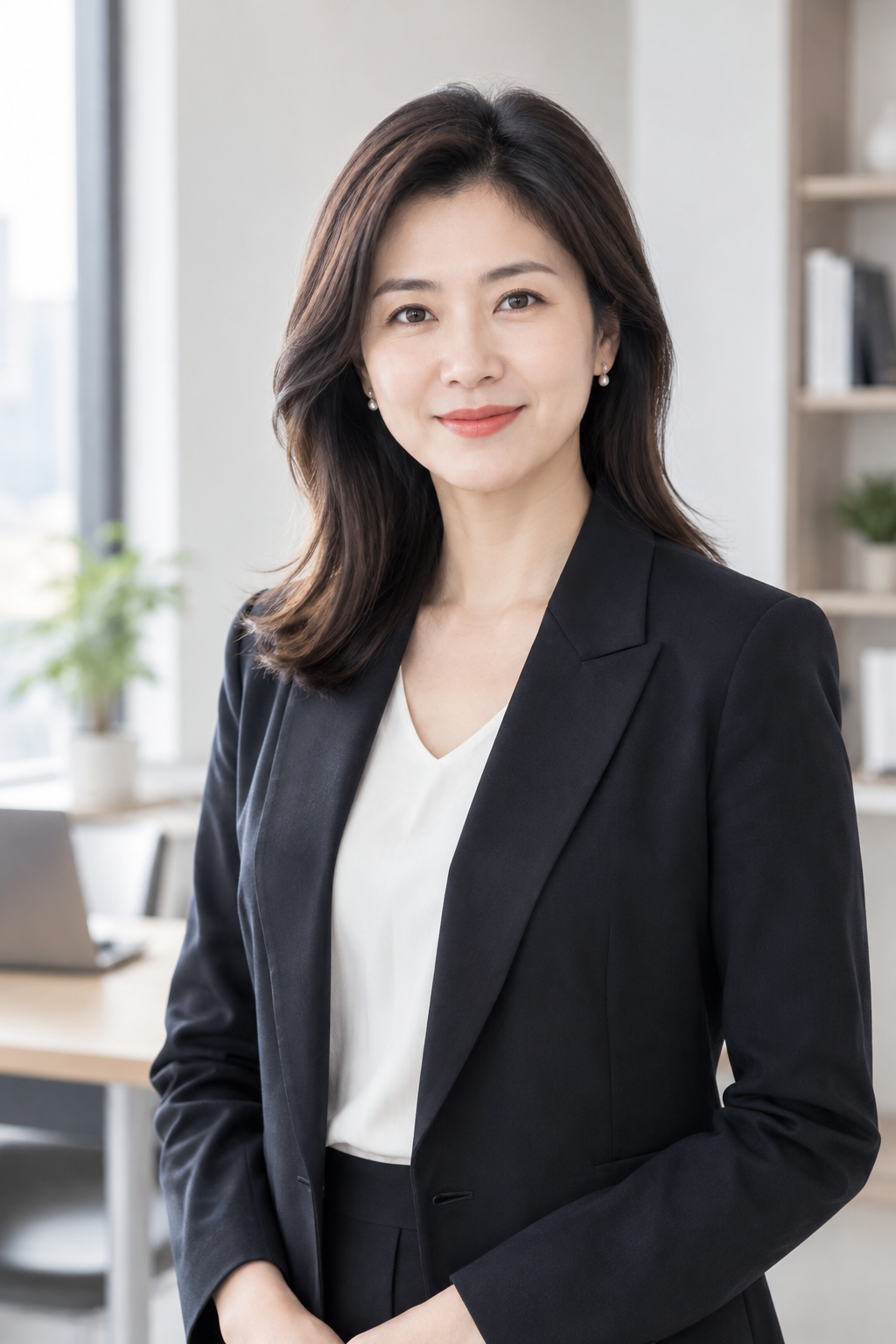 Nancy 的专业半身肖像，穿着简洁商务装，在柔和自然光下微笑直视镜头，背景干净简约