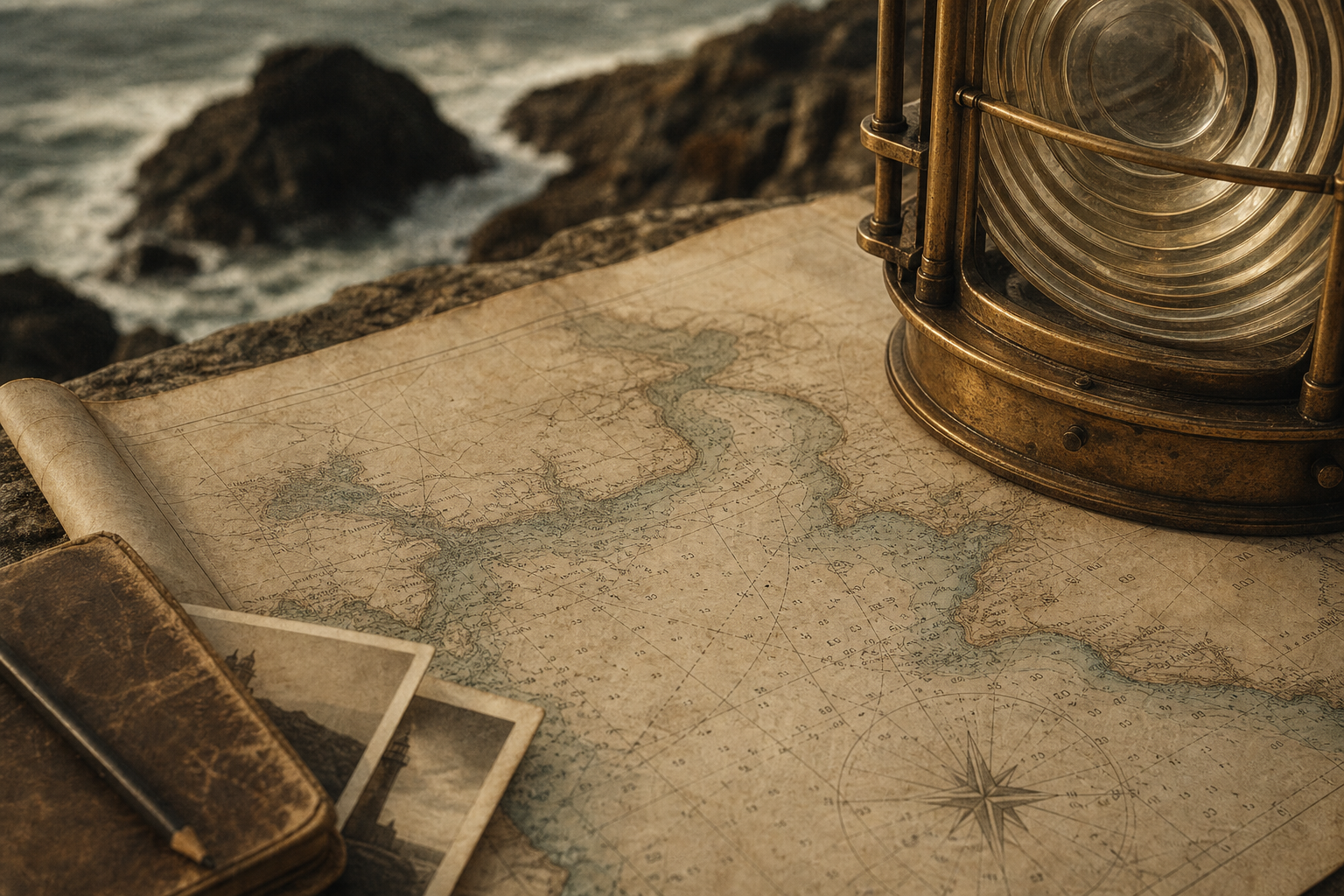 Archival-style close view of a weathered nautical chart beside a rocky northern shoreline and lighthouse lantern glass