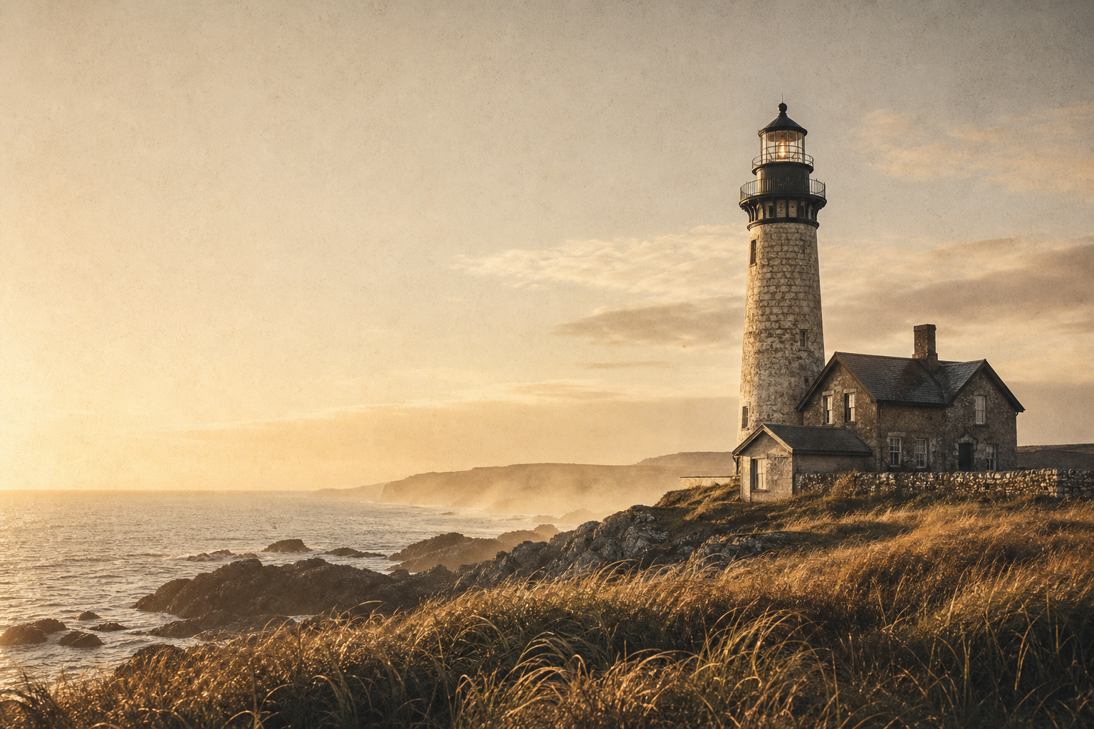 Historic stone lighthouse on a rugged northern coastline at golden hour, with soft sea mist, windswept grass, and gentle film-grain atmosphere