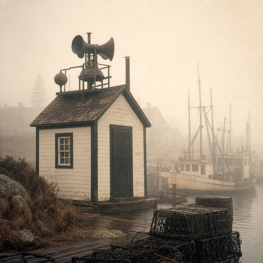 Harbor fog signal station beside moored boats in pale morning mist