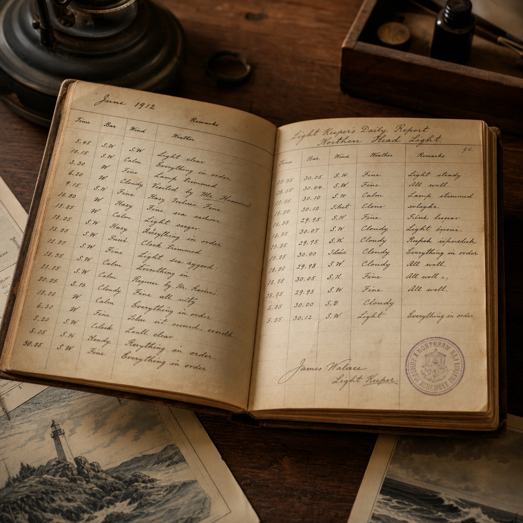 Aged keeper duty ledger with handwritten entries and stamped margin notes